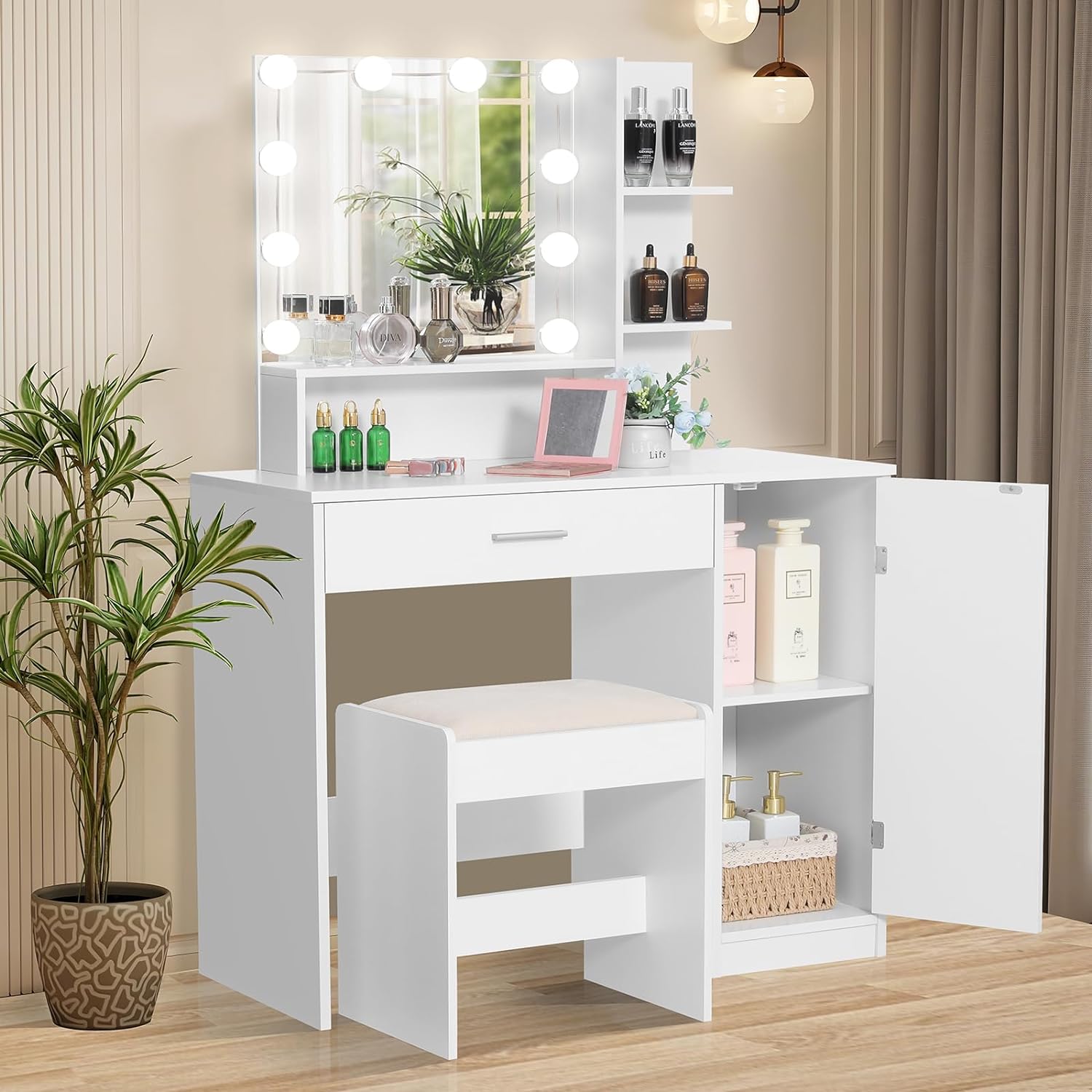 usikey Makeup Vanity Desk , Vanity Mirror with Lights and Table Set with Drawer, Cabinet & 3 Shelves, Makeup Vanity Set with 3 Lighting Modes Brightness Adjustable for Bedroom, White
