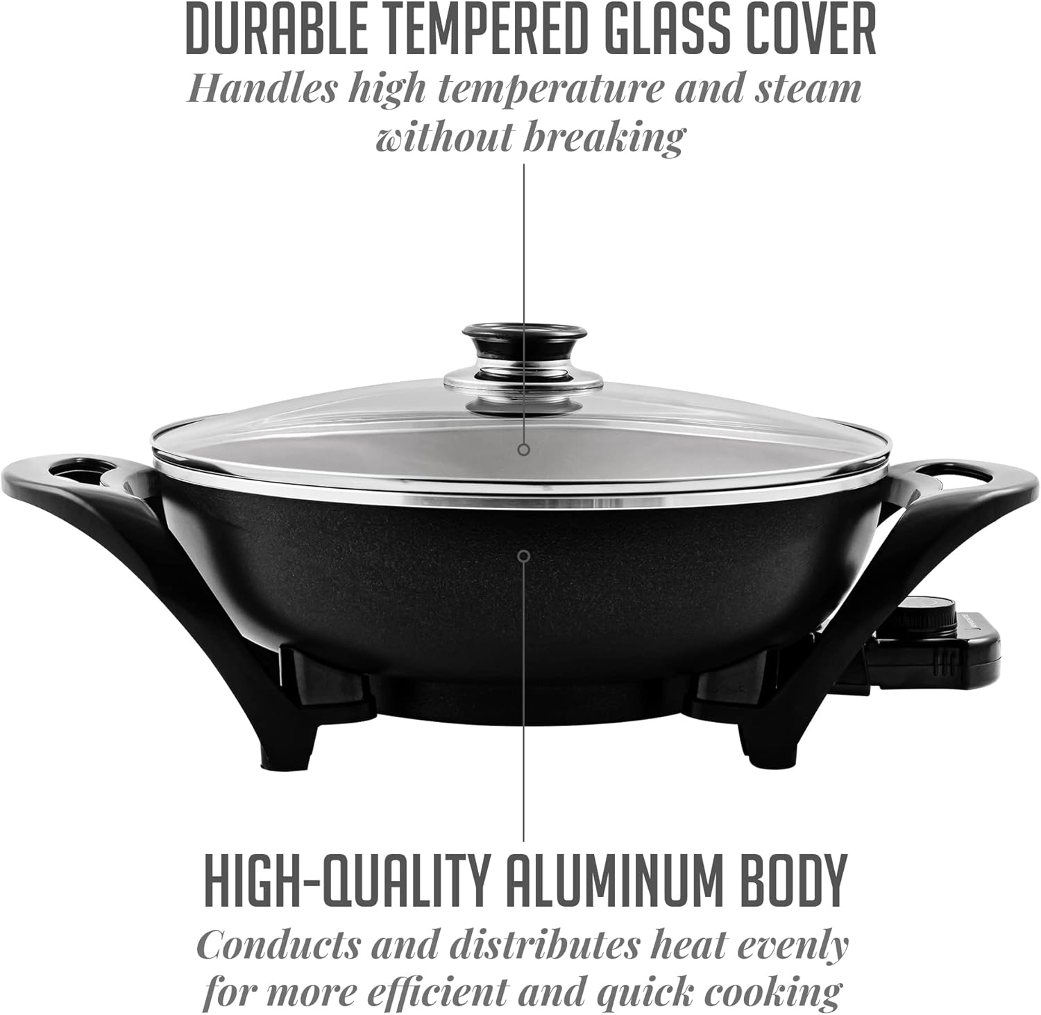 OVENTE 12 Inch Electric Skillet and Frying Pan with Nonstick Coating, 1400W Power, Adjustable Temperature Control, Tempered Glass Lid with Vent and Cool Touch Handles, Black SK11112B