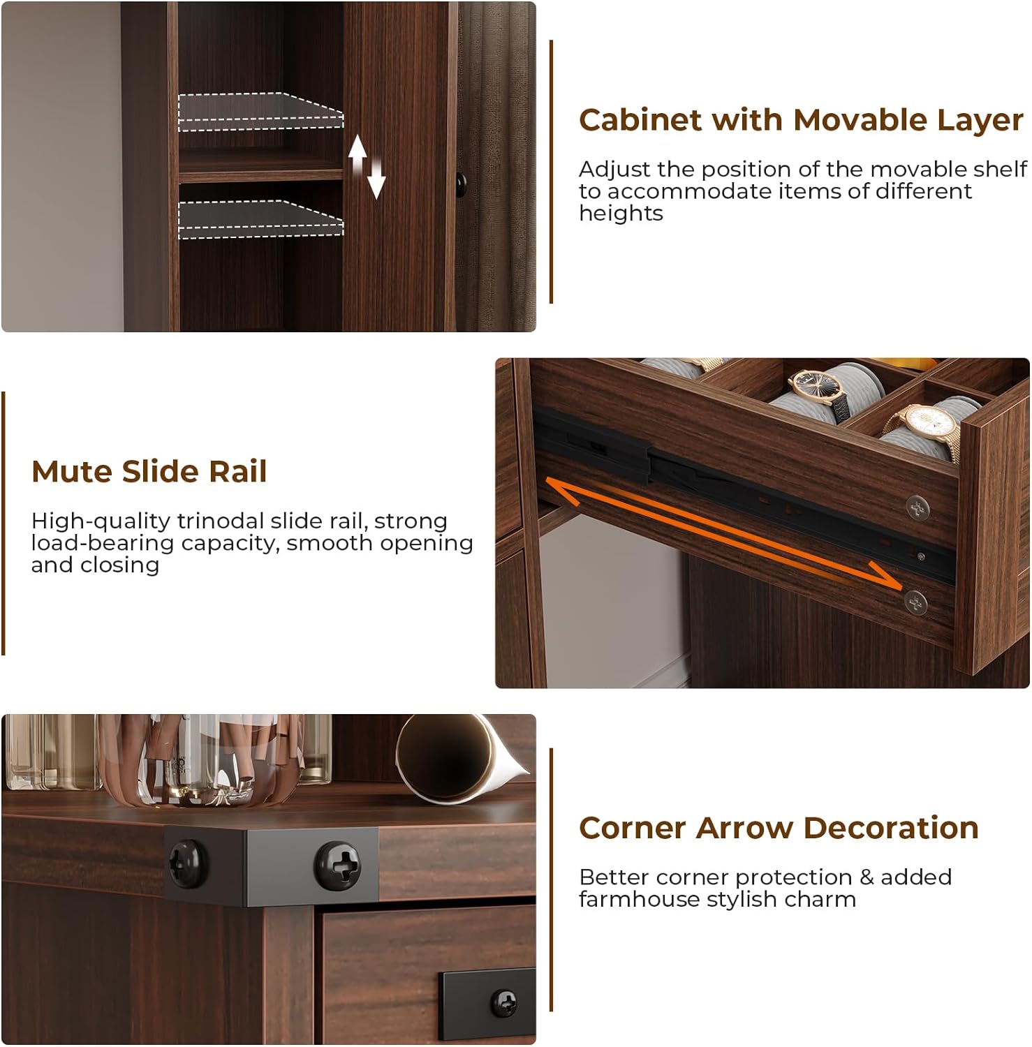 DICTAC Farmhouse Makeup Vanity Desk with Mirror and Lights, Large Vanity Table with Charging Station, 43'' Bedroom Dressing Table with 6 Drawers & 2 Cabinets, 3 Color Lighting Modes, Brown