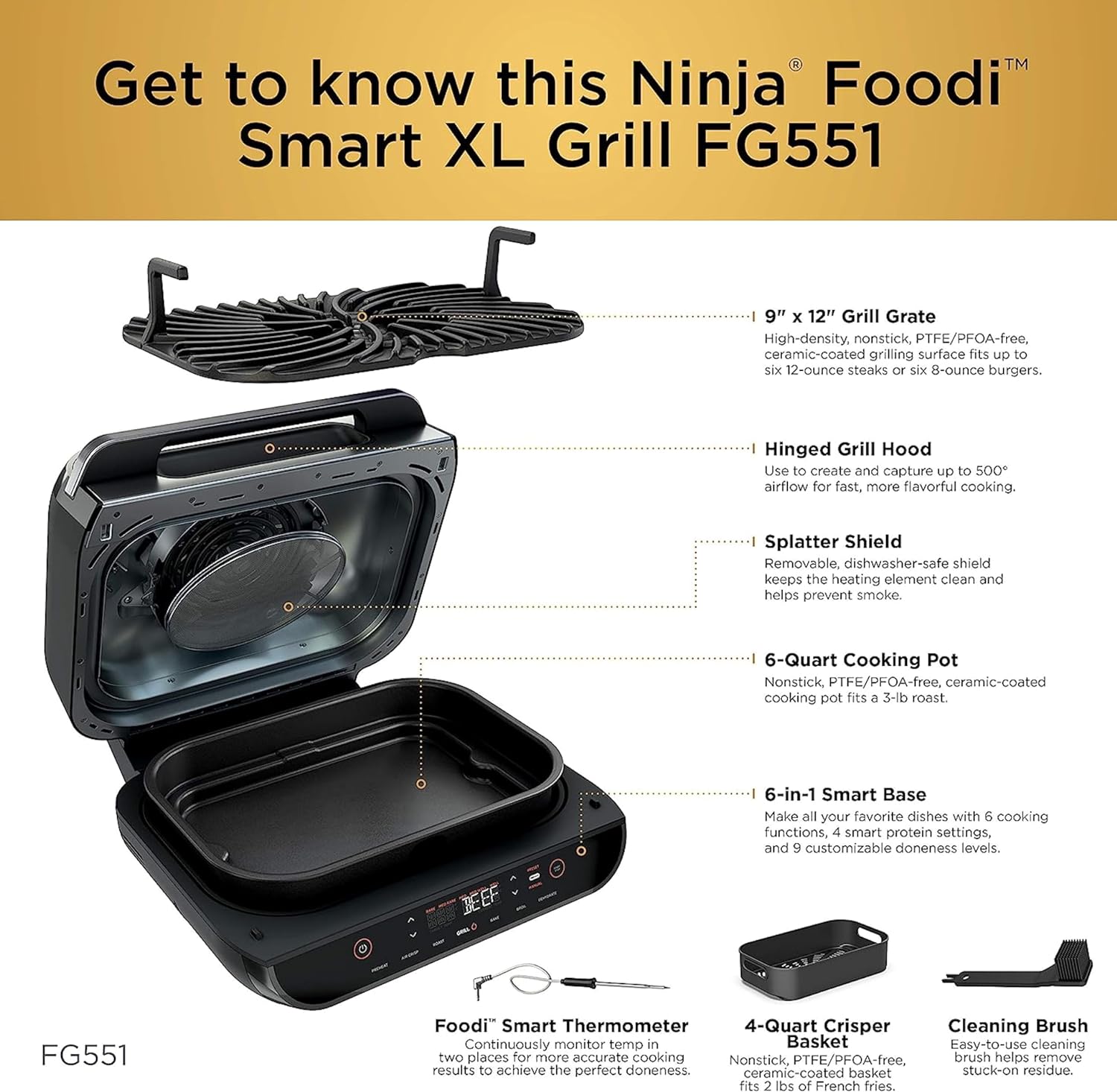 Ninja FG551 Foodi Smart XL 6-in-1 Indoor Grill with Air Fry, Roast, Bake, Broil & Dehydrate, Smart Thermometer, Black/Silver