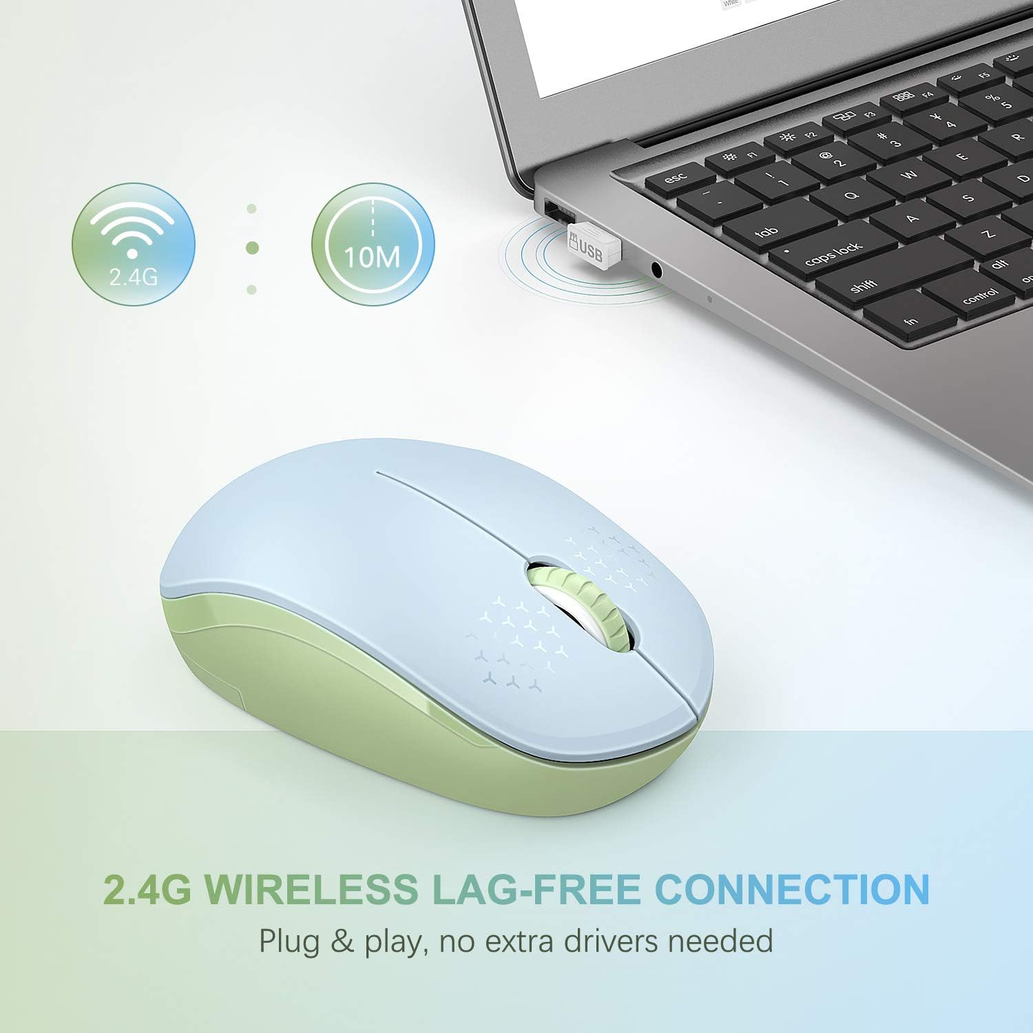 seenda Wireless Mouse, 2.4G Noiseless Mouse with USB Receiver - Portable Computer Mice for PC, Tablet, Laptop with Windows System - Mint Green