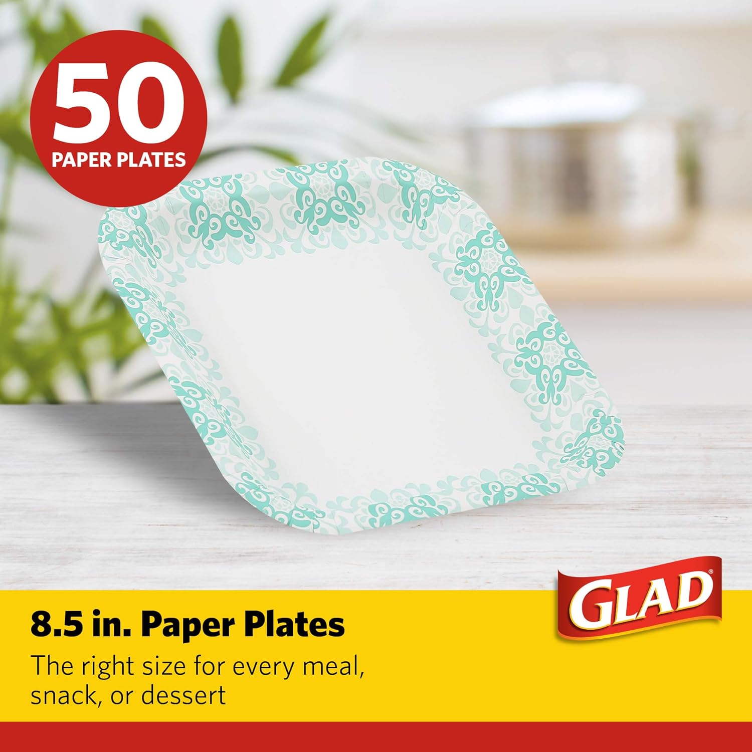 Glad Square Disposable Paper Plates for All Occasions | Soak Proof, Cut Proof, Microwaveable Heavy Duty Disposable Plates | 8.5