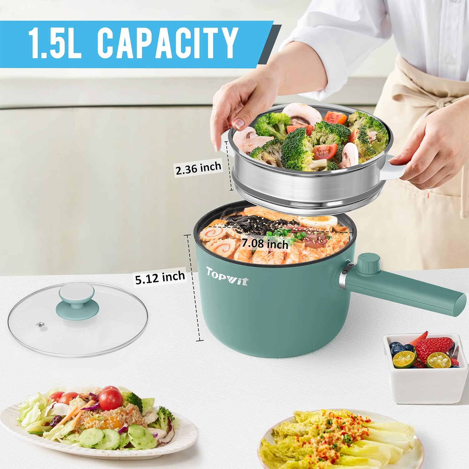 Topwit Hot Pot Electric, 1.5L Ramen Cooker, Portable Non-Stick Frying Pan, Electric Pot for Pasta, Steak, BPA Free, Electric Cooker with Dual Power Control, Over-Heating & Boil Dry Protection, Black