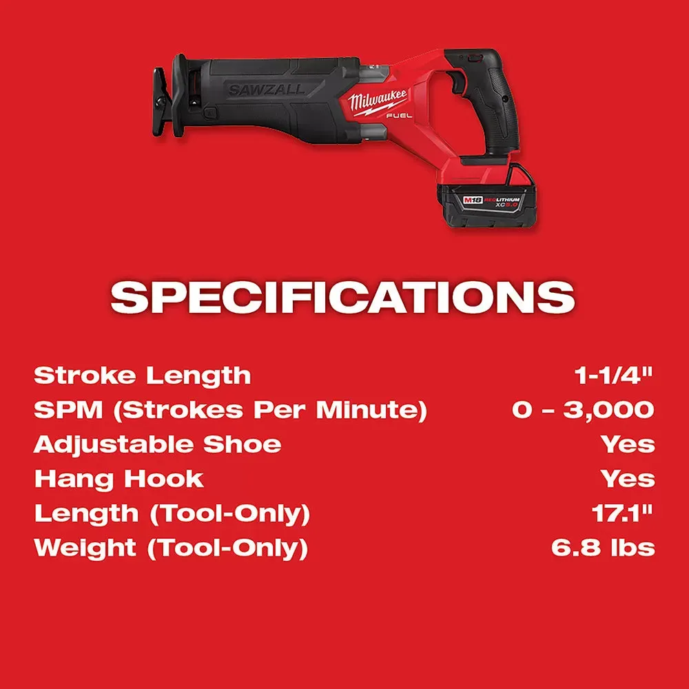 Milwaukee 2821-21 M18 FUEL 18V SAWZALL Li-Ion Reciprocating Saw XC5.0 Kit