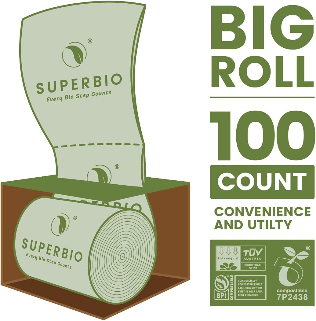 SUPERBIO 1.6 Gallon Handle Tie Compostable Food Scrap Bags For Counter Top Compost Bin, Small Compost Bags, 50 Count, 6 Liter, BPI & OK compost INDUSTRIAL Certified