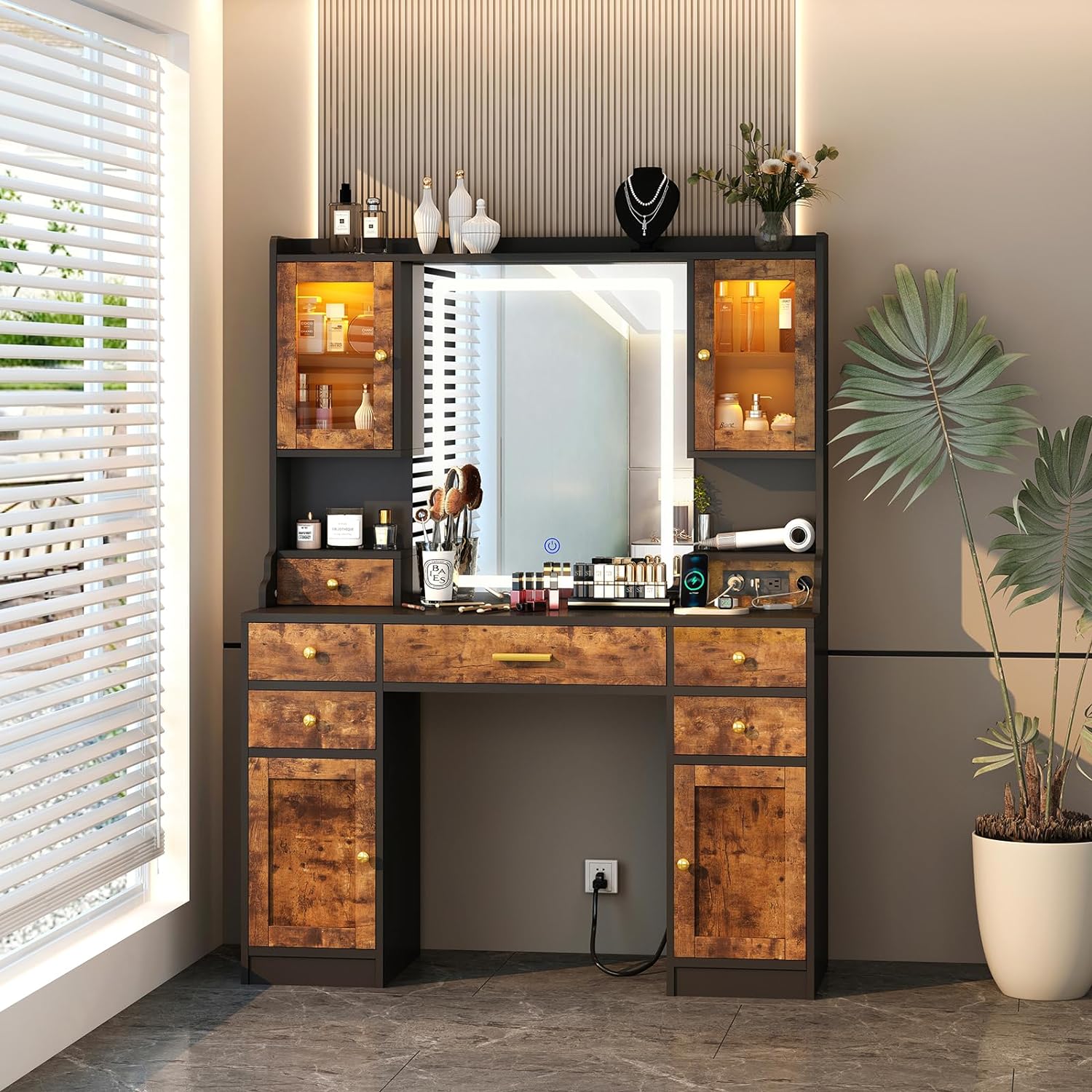 Dnxao Large Make up Vanity Desk with Mirror and Lights,3 Lights Mode and Brightness Adjusted by Touch Button, Built-in Power Strip and 6 Drawers,4 cabinets,2 cabinets with RGB Lights