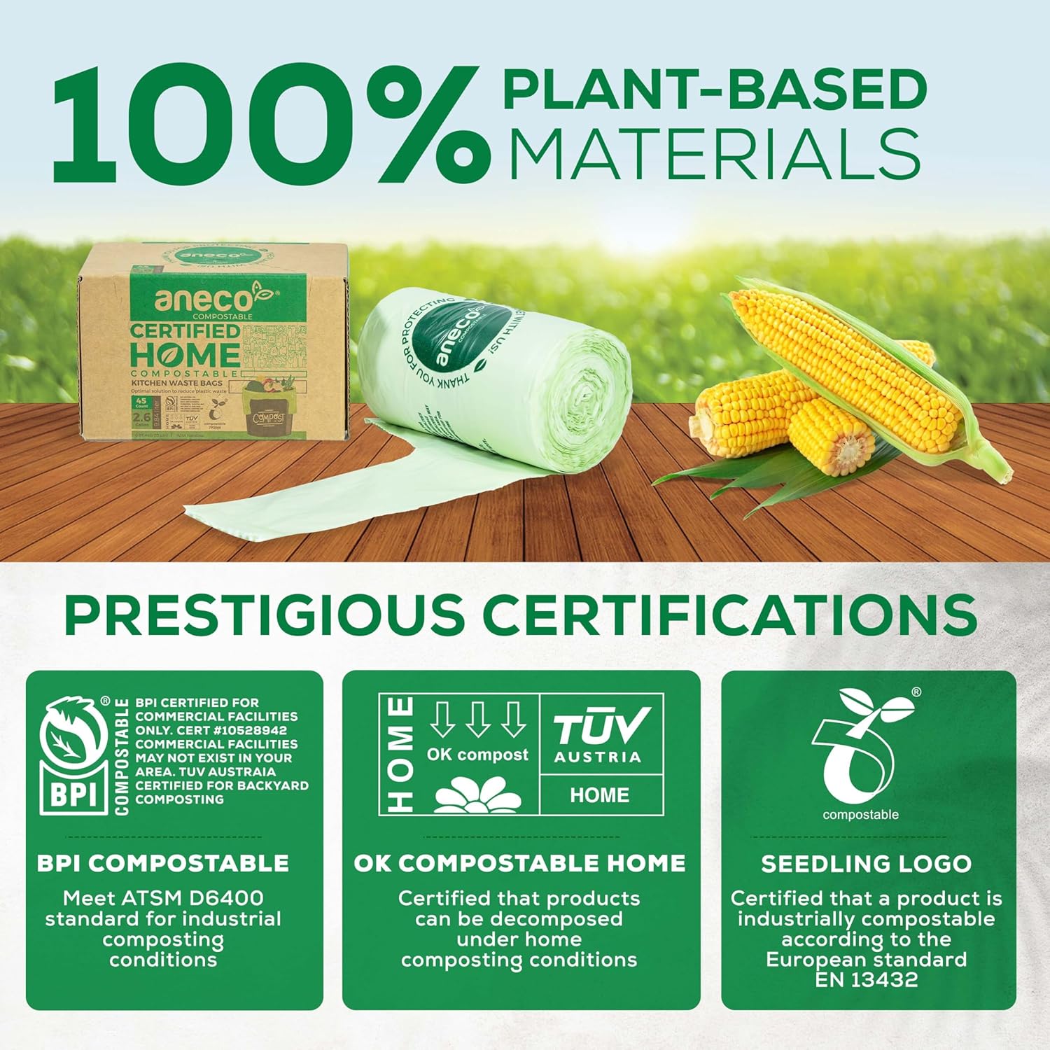 ANECO 100% Compostable Waste Bags 2.6 Gallon, Extra Thick Kitchen Small Compost Bags for Countertop Bin (100 Count)