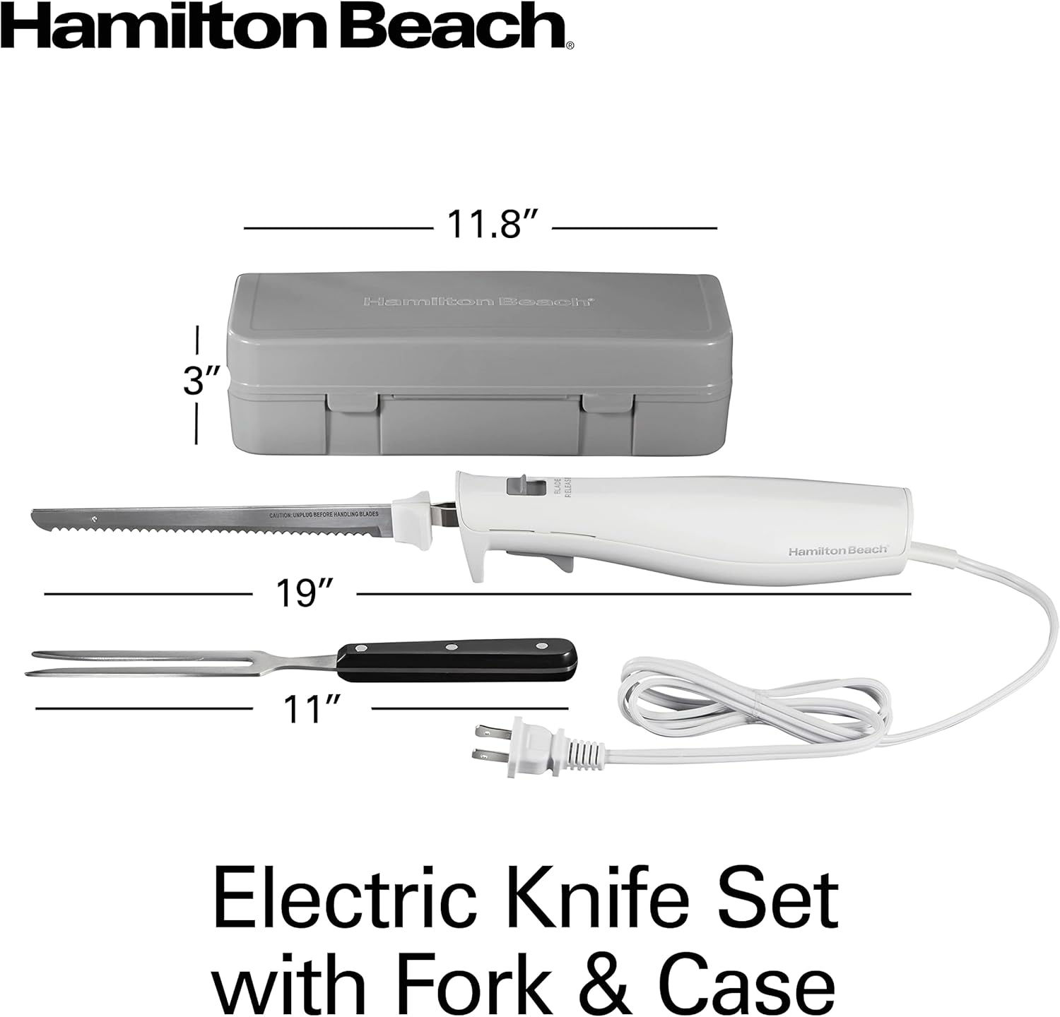 Hamilton Beach Electric Knife Set for Carving Meats, Poultry, Bread, Crafting Foam & More, Reciprocating Serrated Stainless Steel Blades, Ergonomic Design Storage Case + Fork Included, 5 Foot Cord