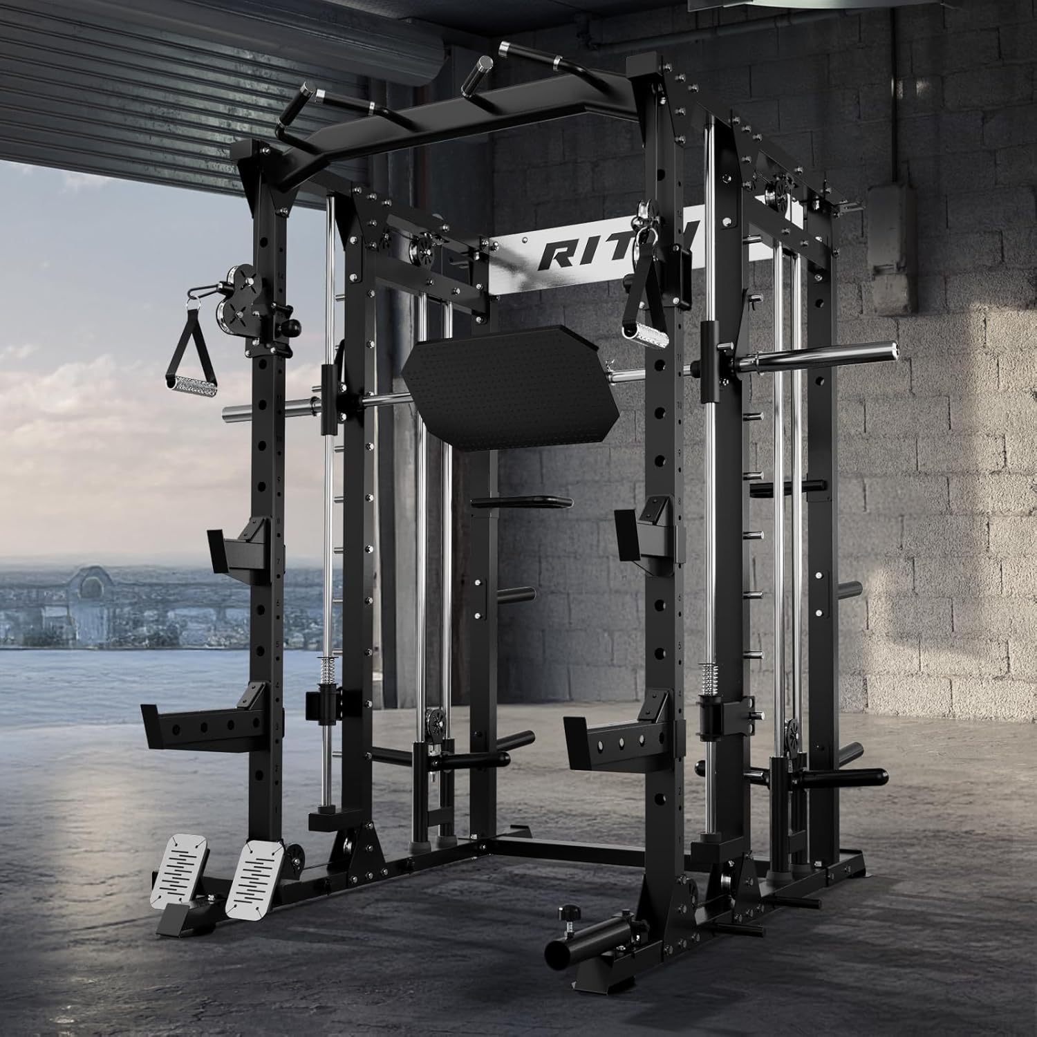 RitFit Buffalo Smith Machine, Power cage with LAT-Pull Down System & Cable Crossover System, All-in-One Squat Rack for Home Gym, Power Rack