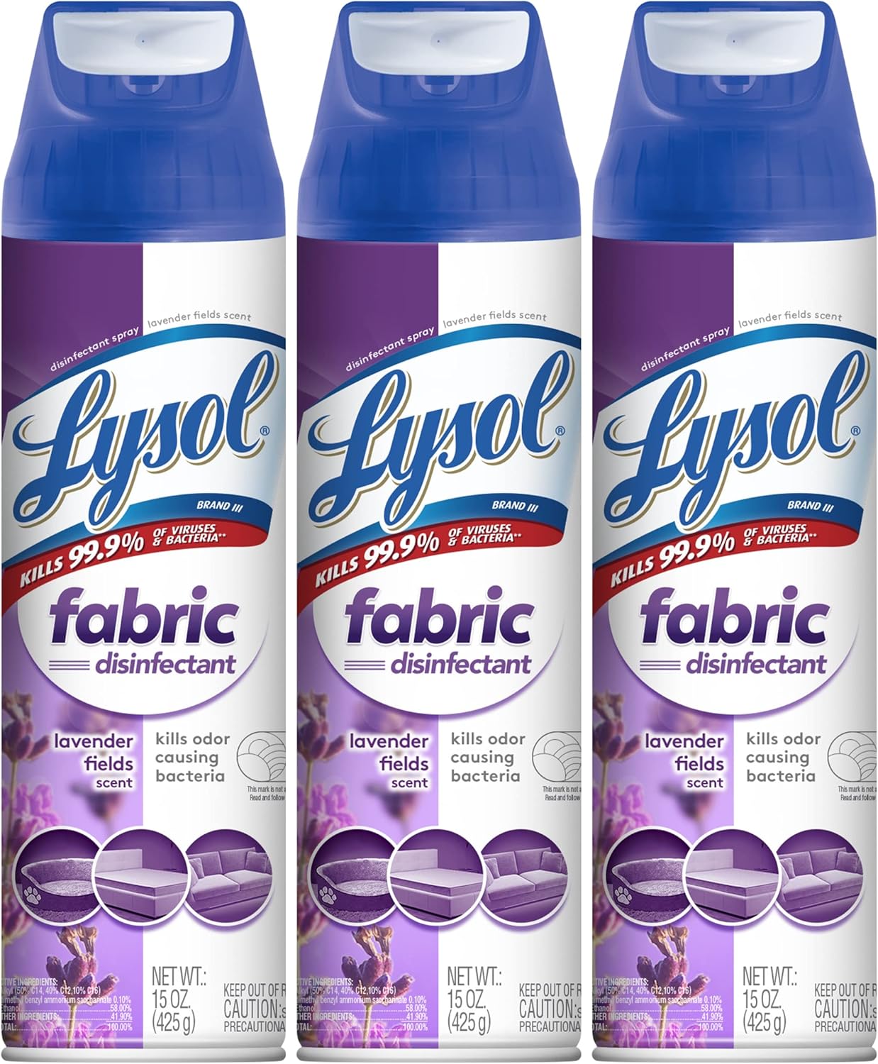 Lysol Fabric Disinfectant Spray, Sanitizing and Antibacterial Spray, For Disinfecting and Deodorizing Soft Furnishings, Lavender Fields 15 Fl. Oz (Pack of 3)
