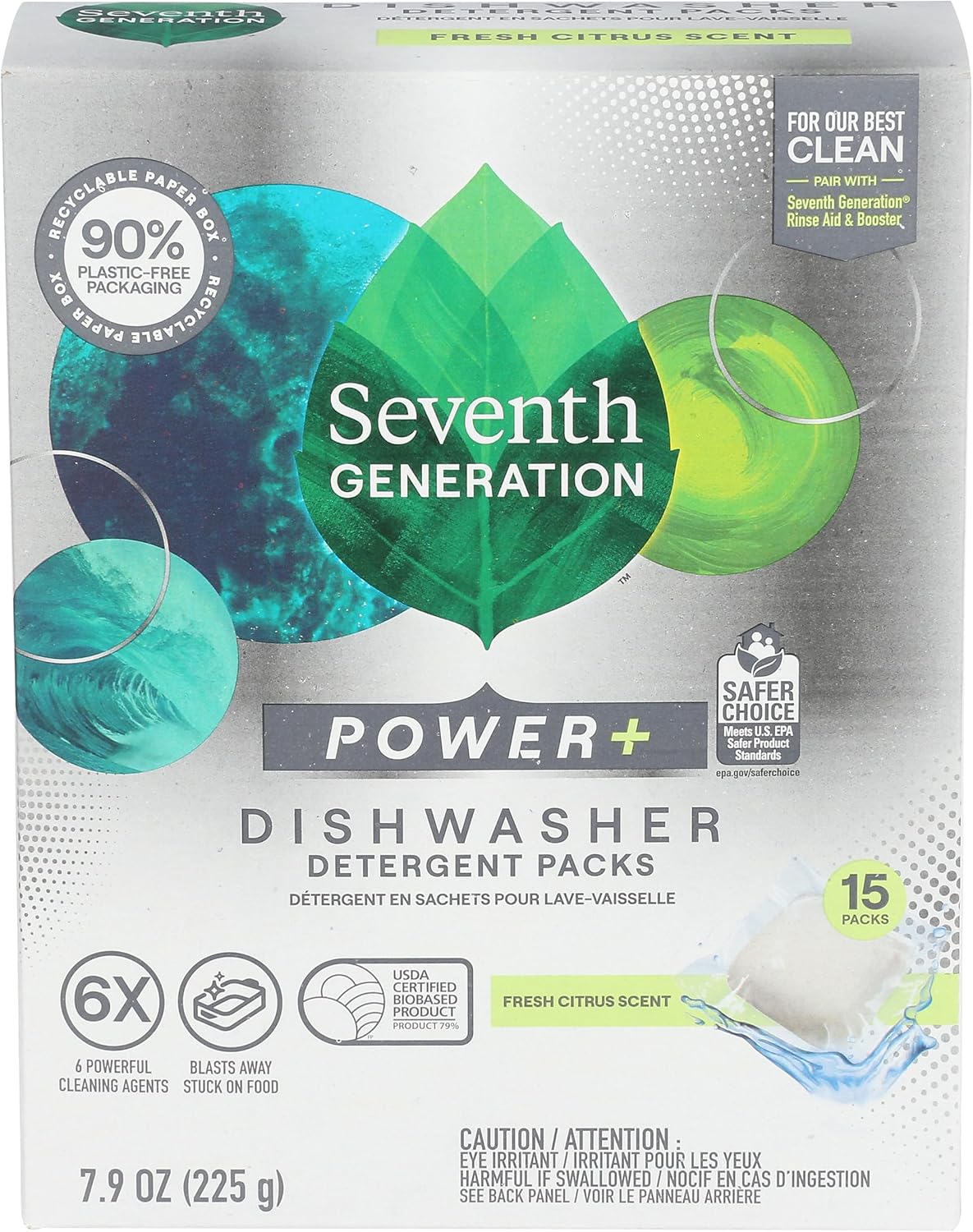 Seventh Generation Power+ Dishwasher Detergent Packs Fresh Citrus scent 1 for sparkling dishes Dishwasher tabs 70 count