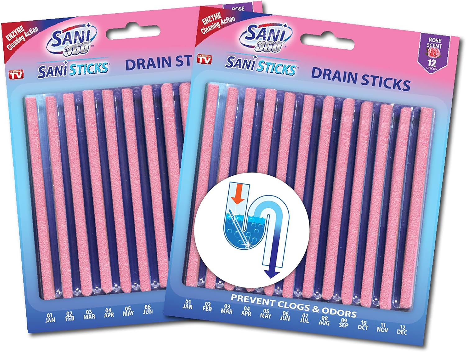 SANI 360° Sani Sticks Drain Cleaner and Deodorizer, Enzyme Pipe Cleaners, Eliminate Odors, Prevent Clogged Drains, Safe for Sinks, Bathtub Drains, Septic Tanks, 24 Count, Lemon Scent