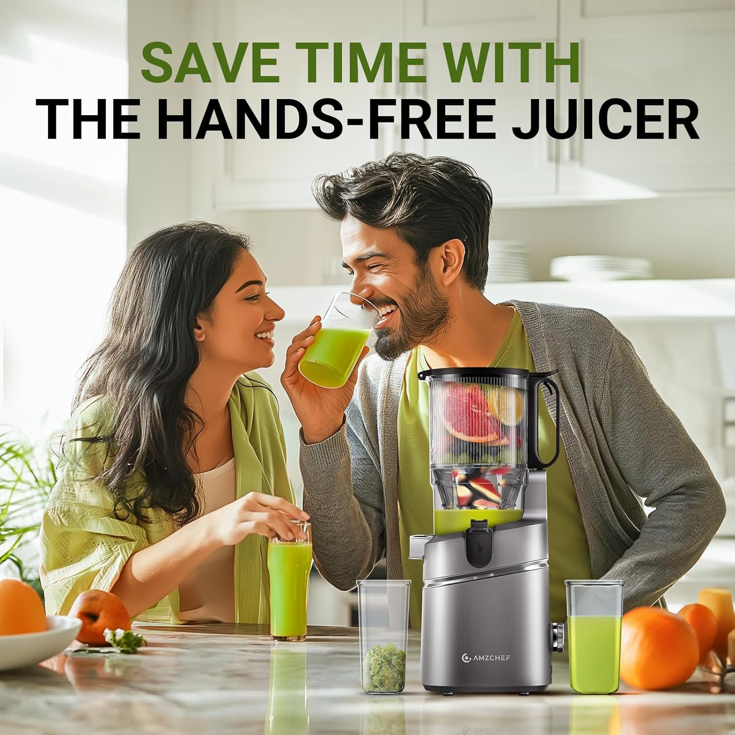 Juicer Machines, AMZCHEF 5.3-Inch Self-Feeding Masticating Juicer Fit Whole Fruits & Vegetables, Cold Press Electric Juicer Machines with High Juice Yield, Easy Cleaning, BPA Free, 250W, Black