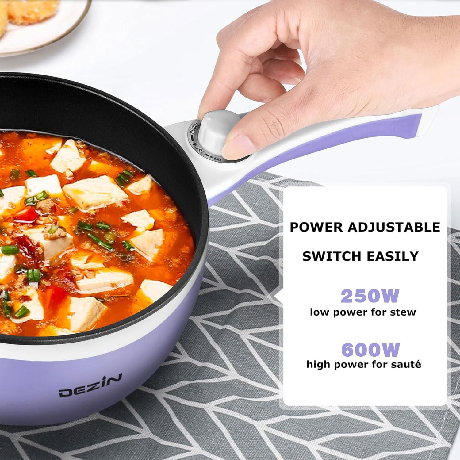 Dezin Hot Pot Electric Upgraded, Non-Stick Sauté Pan, Rapid Noodles Electric Pot, 1.5L Mini Portable Hot Pot for Steak, Egg, Fried Rice, Ramen, Oatmeal, Soup with Power Adjustment(Egg Rack Included)