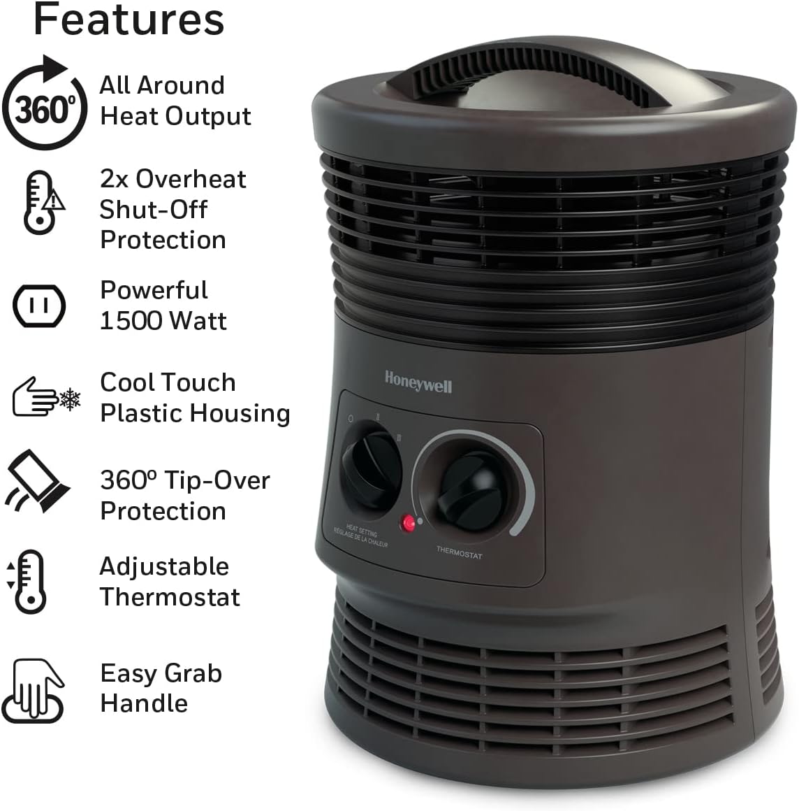 Honeywell HHF360V 360 Degree Surround Fan Forced Heater with Surround Heat Output Charcoal Grey Energy Efficient Portable Heater with Adjustable Thermostat & 2 Heat Settings, Small