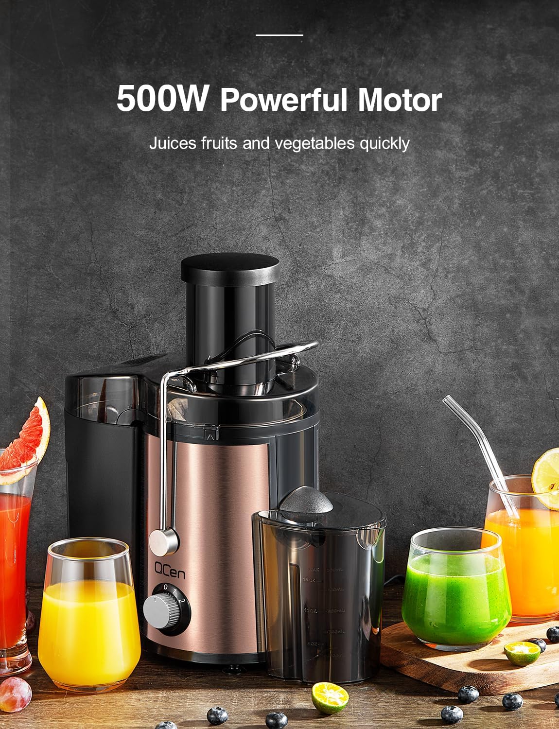 Qcen Juicer Machine, 800W Centrifugal Juicer Extractor with Wide Mouth 3” Feed Chute for Fruit Vegetable, Easy to Clean, Stainless Steel, BPA-free (Black)