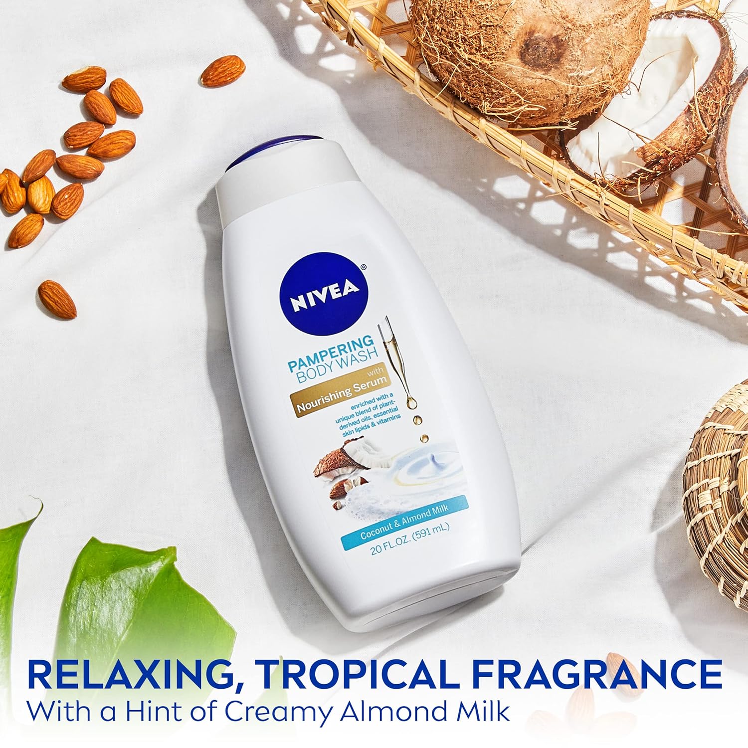 NIVEA Coconut and Almond Milk Pampering Body Wash, Moisturizing Body Wash with Nourishing Serum, Plant-Derived Oils, Essential Skin Lipids and Vitamins, 20 Fl Oz Bottle