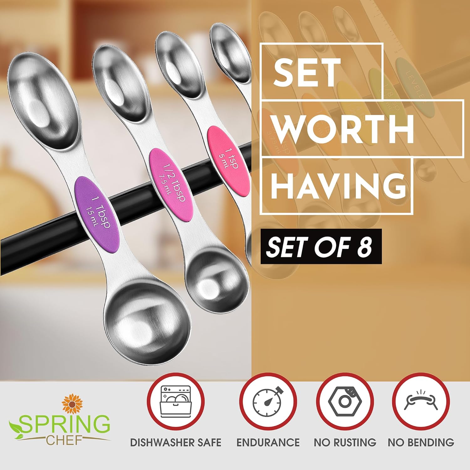 Spring Chef Magnetic Measuring Spoons Set with Strong N45 Magnets, Heavy Duty Stainless Steel Metal, Fits in Most Kitchen Spice Jars for Baking & Cooking, BPA Free, Black, Set of 8 with Leveler