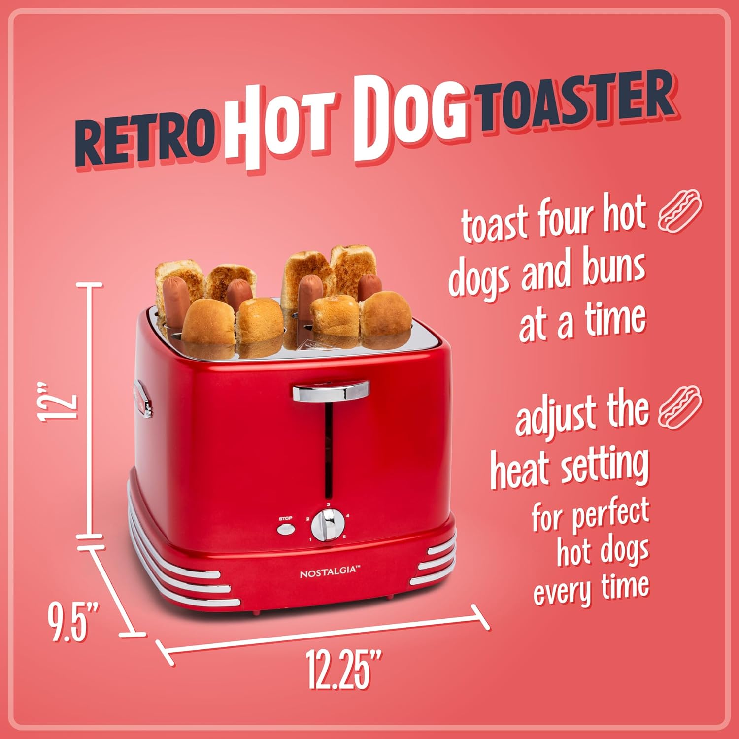 Nostalgia 2 Slot Hot Dog and Bun Toaster with Mini Tongs, Retro Toaster, Cooker that Works Chicken, Turkey, Veggie Links, Sausages Brats, Metallic Red