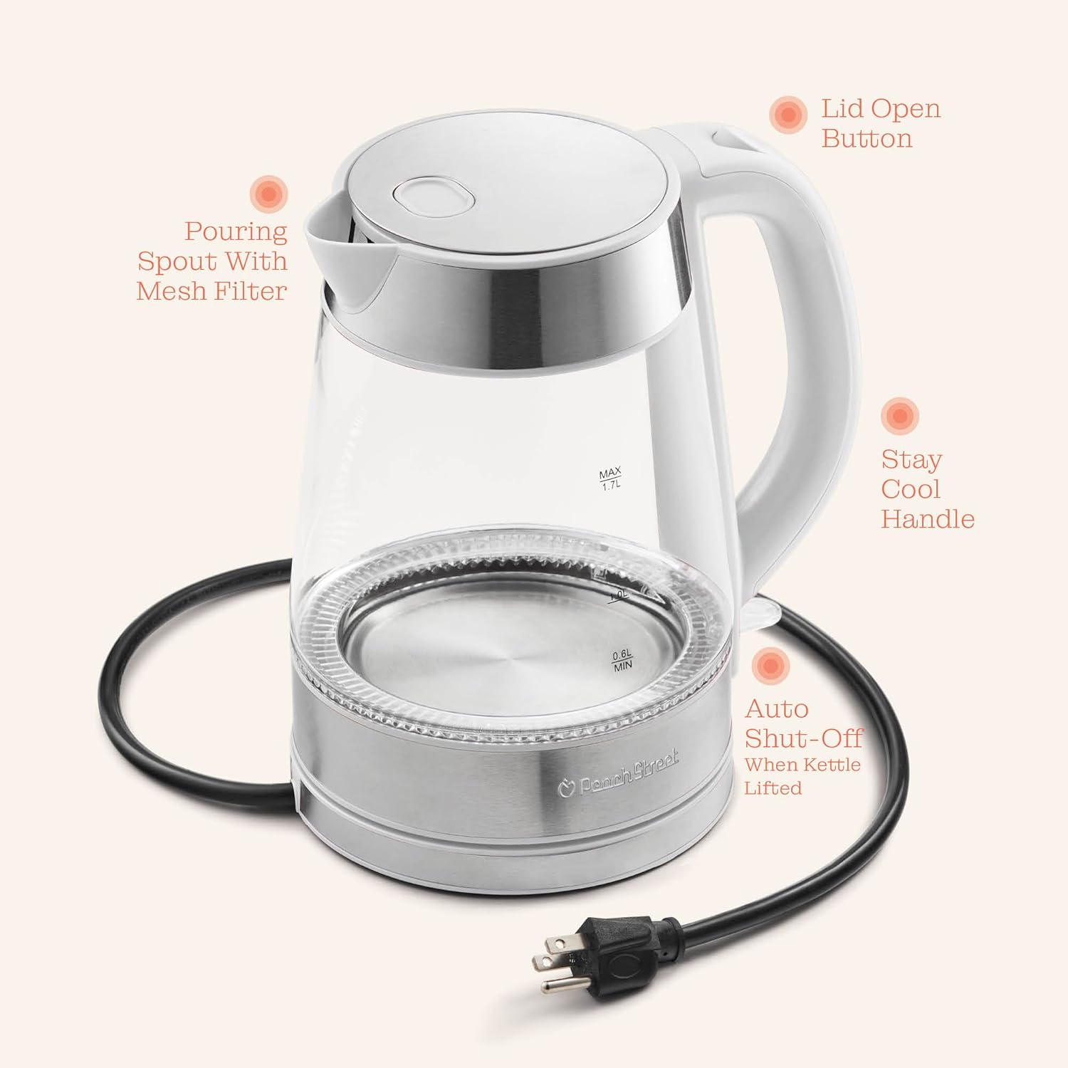 Speed-Boil Electric Kettle For Coffee & Tea - 1.7L Water Boiler 1500W, Borosilicate Glass, Easy Clean Wide Opening, Auto Shut-Off, Cool Touch Handle, LED Light. 360° Rotation, Boil Dry Protection