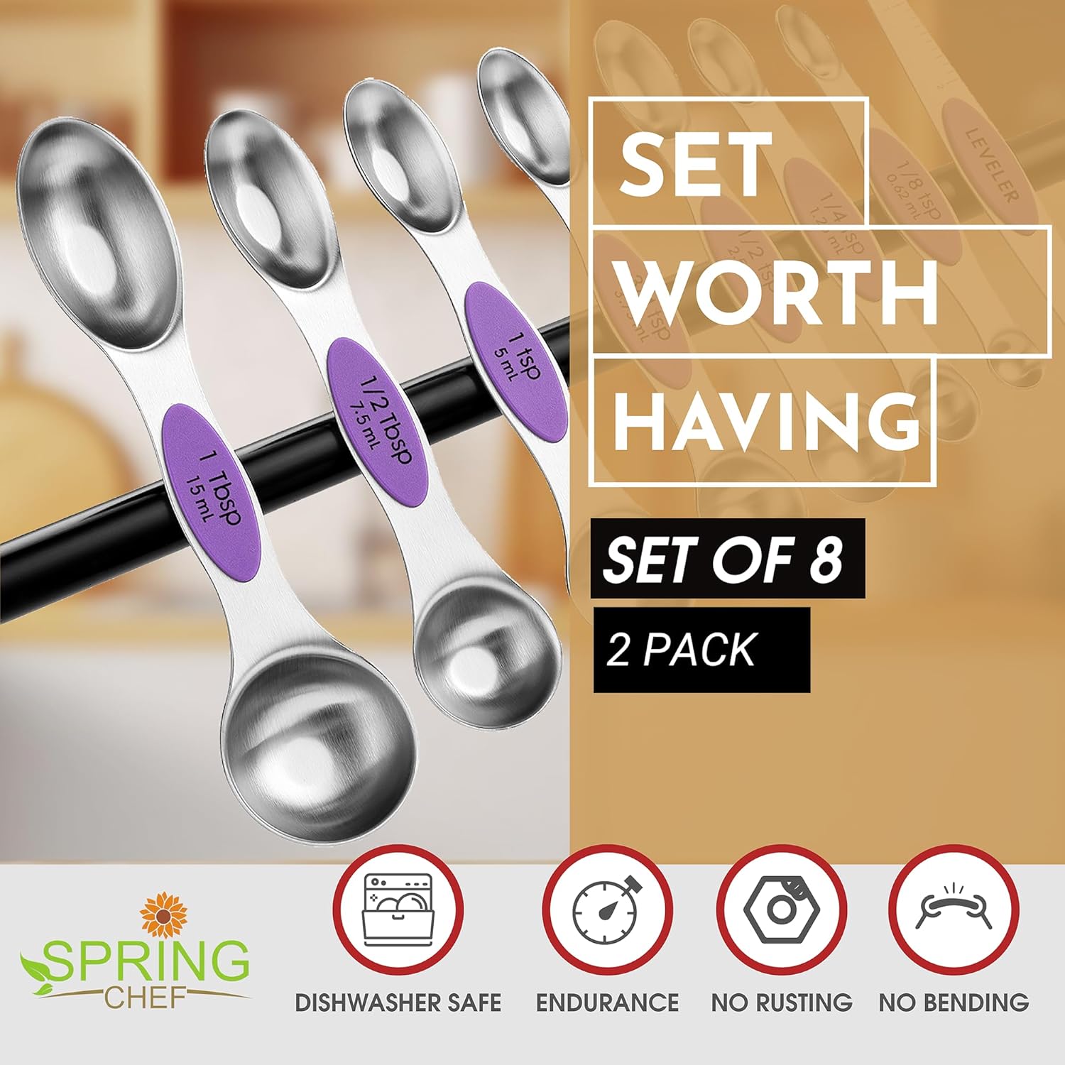 Spring Chef Magnetic Measuring Spoons Set with Strong N45 Magnets, Heavy Duty Stainless Steel Metal, Fits in Most Kitchen Spice Jars for Baking & Cooking, BPA Free, Black, Set of 8 with Leveler