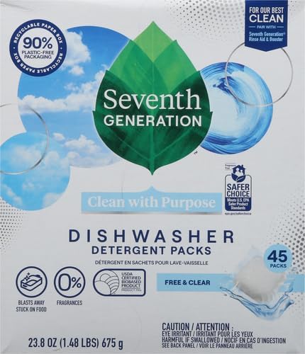 Seventh Generation Dishwasher Detergent Packs Free & Clear Pack of 2 for sparkling dishes Dishwasher tabs 45 count