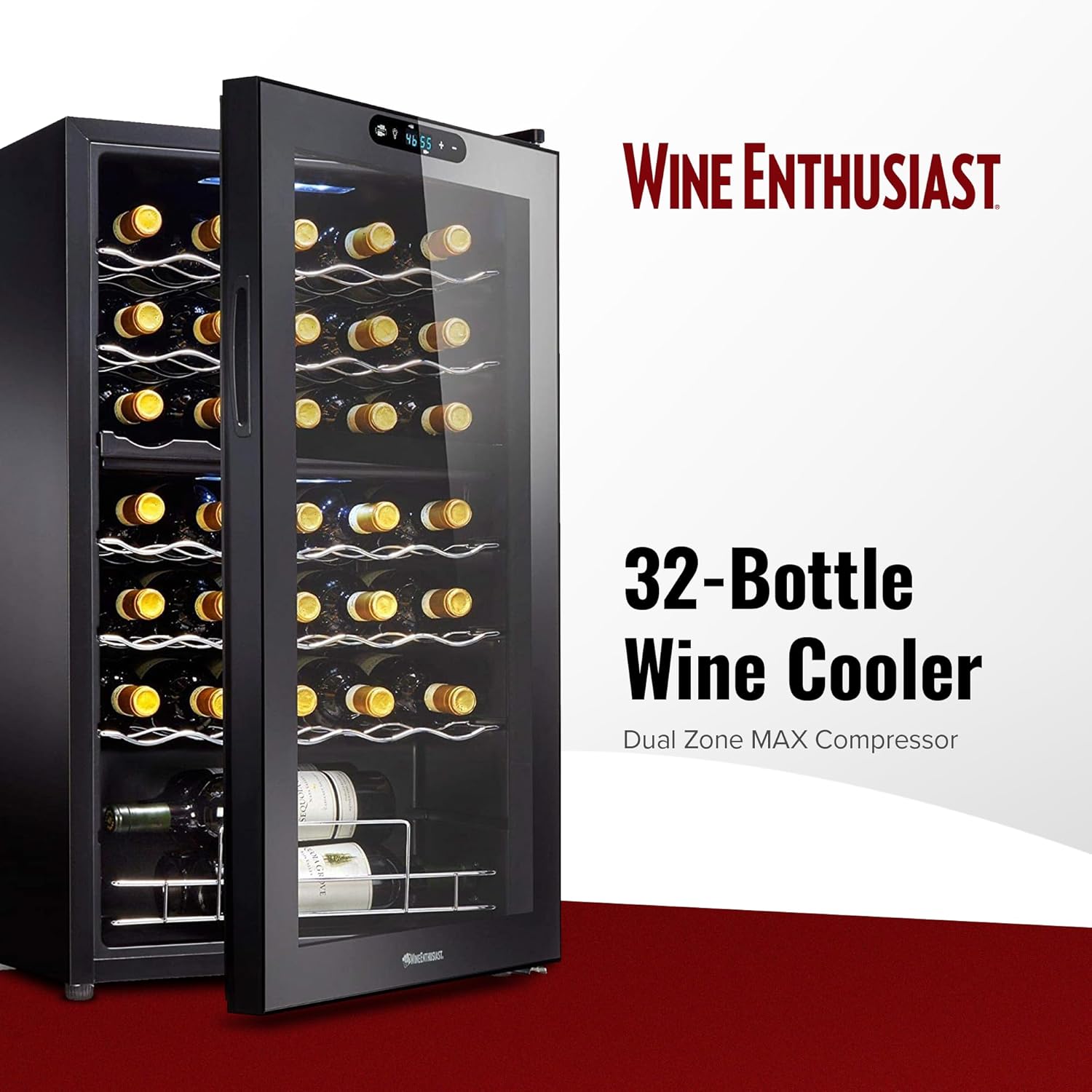 Wine Enthusiast 32-Bottle Dual Zone MAX Compressor Wine Cooler - Freestanding Refrigerator with Split Storage & Temperature, Digital Touchscreen, & LED Display