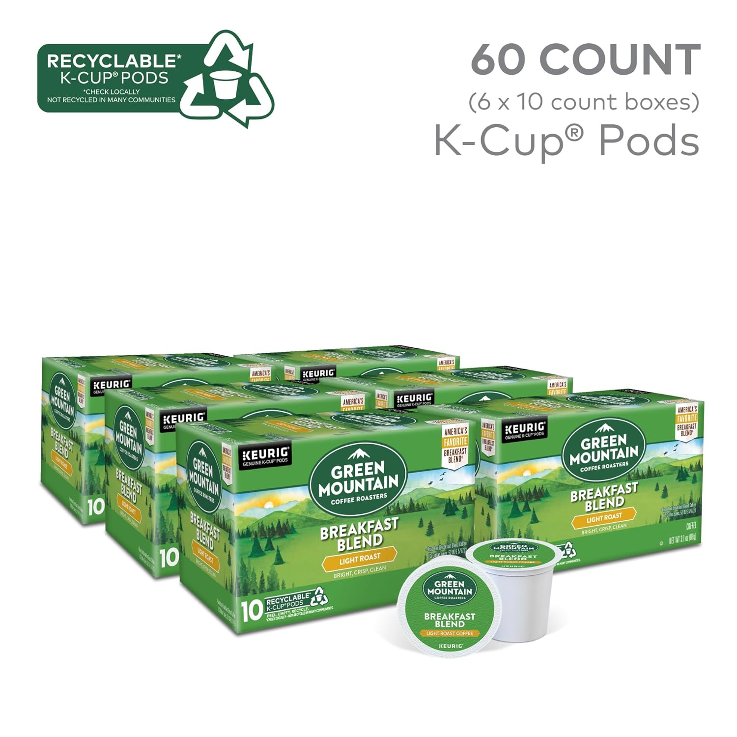 Green Mountain Coffee Roasters Breakfast Blend Single-Serve Keurig K-Cup Pods, Light Roast Coffee, 96 Count