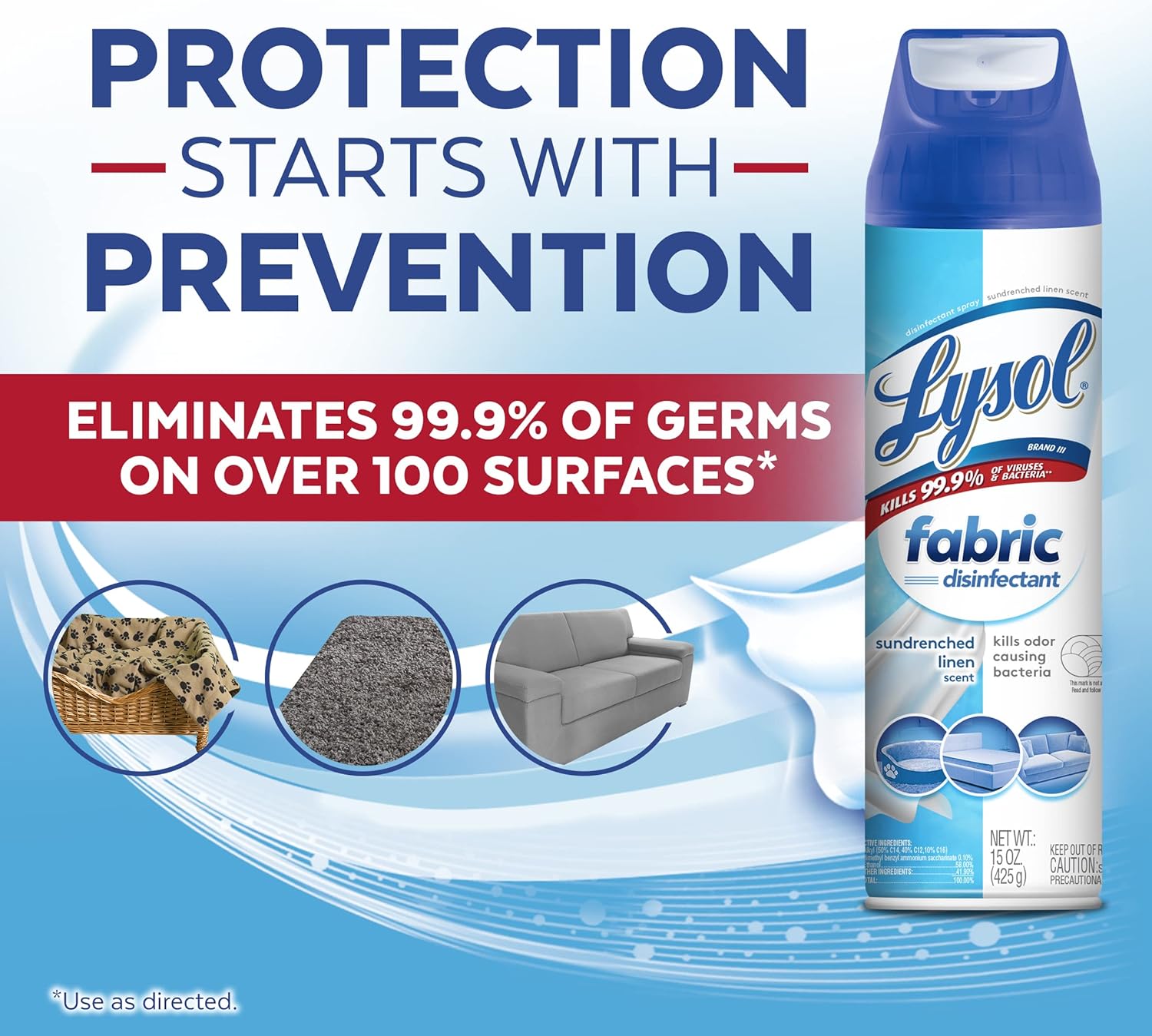 Lysol Fabric Disinfectant Spray, Sanitizing and Antibacterial Spray, For Disinfecting and Deodorizing Soft Furnishings, Lavender Fields 15 Fl. Oz (Pack of 3)
