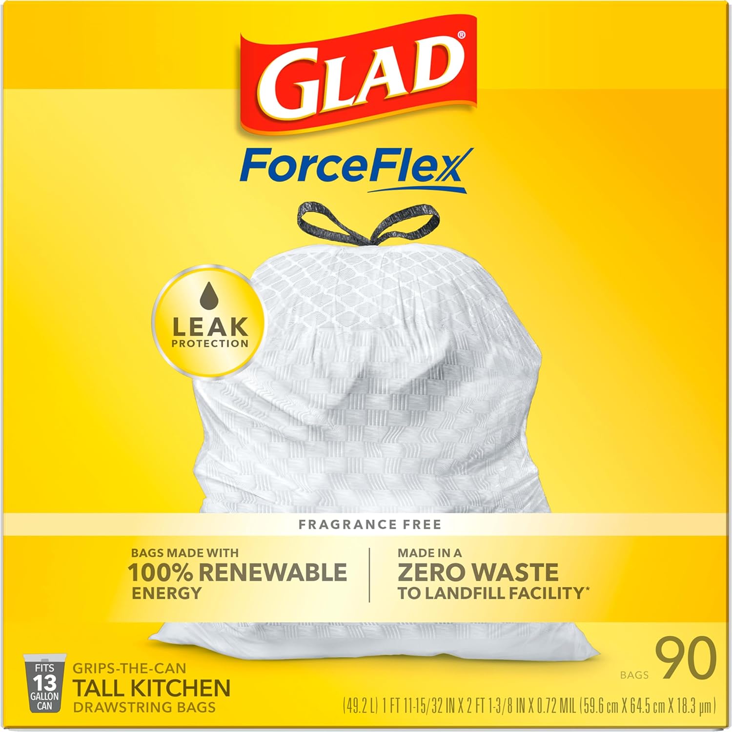 Glad Trash Bags, ForceFlex Tall Kitchen Drawstring Garbage Bags 13 Gallon White Trash Bag, Gain Moonlight Breeze scent with Febreze Freshness 100 Count (Package May Vary)