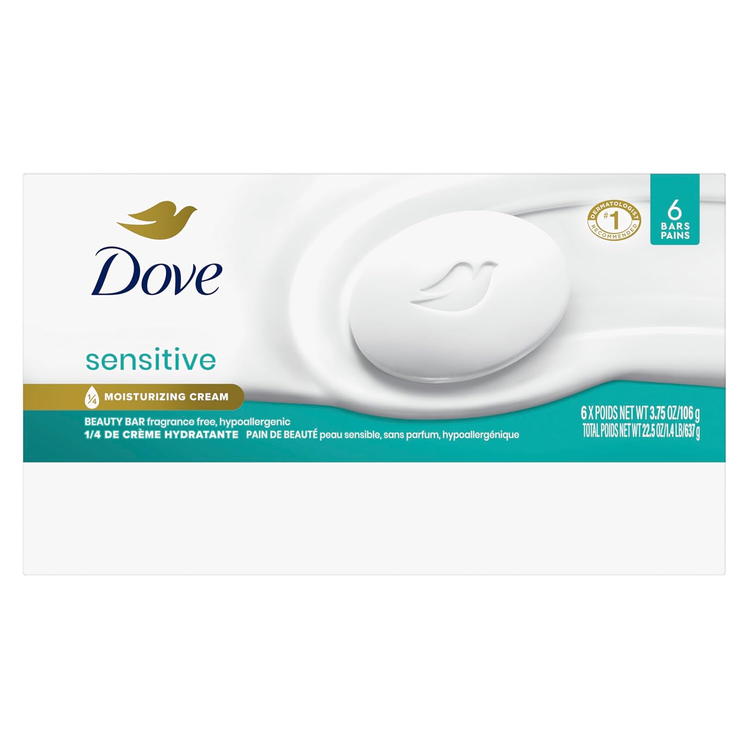 Dove Beauty Bar Soap Sensitive, 8 Bars for Sensitive Skin, Fragrance Free and Hypoallergenic 3.75 oz