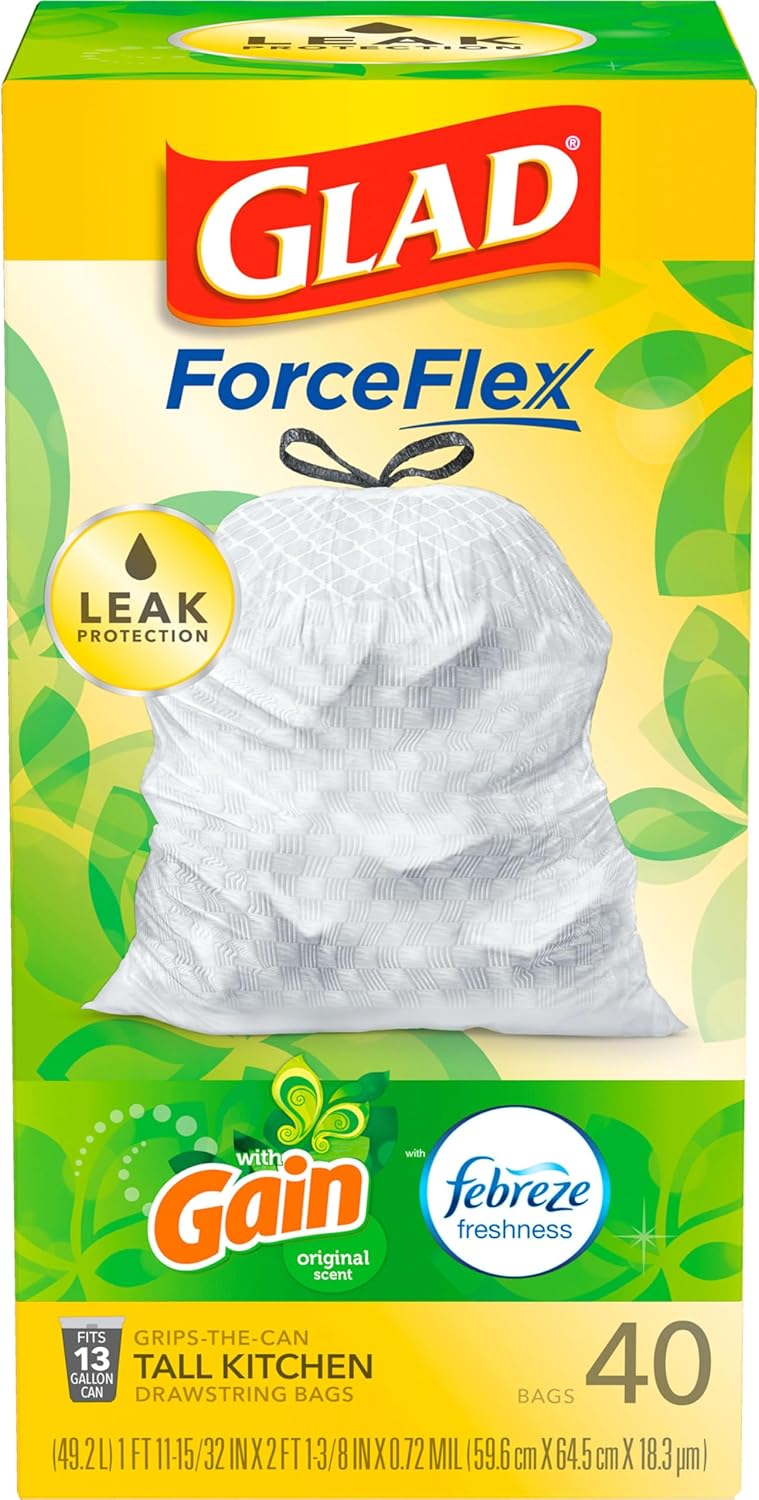 Glad ForceFlex Tall Kitchen Trash Bags, 13 Gal, Gain Original with Febreze, 110 Ct (Pack May Vary)