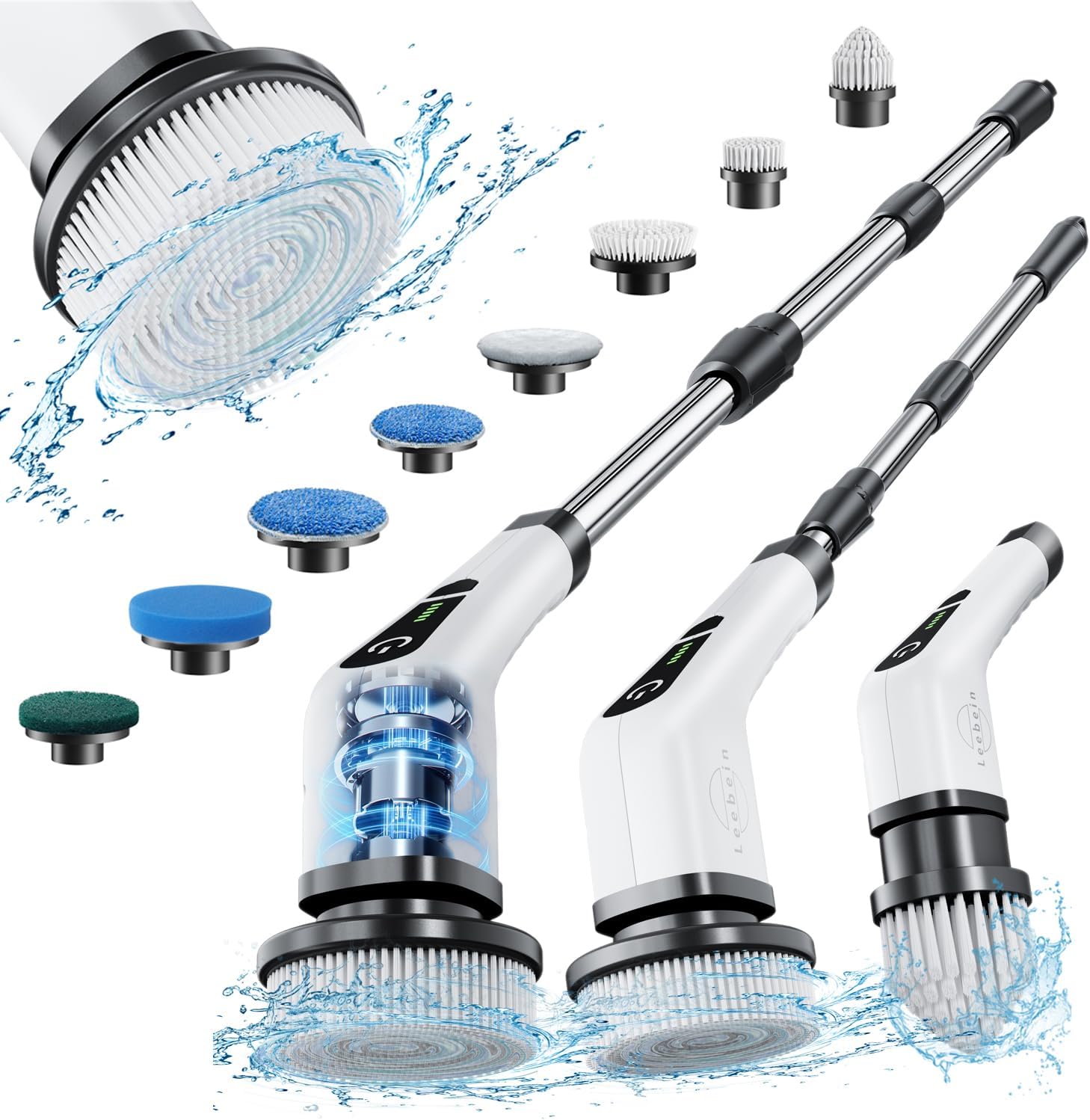 Leebein  Electric Spin Scrubber, Cordless Cleaning Brush with 8 Replaceable Brush Heads, Tub and Floor Tile 360 Power Scrubber Dual Speed with Adjustable & Detachable Handle for Bathroom Kitchen Car