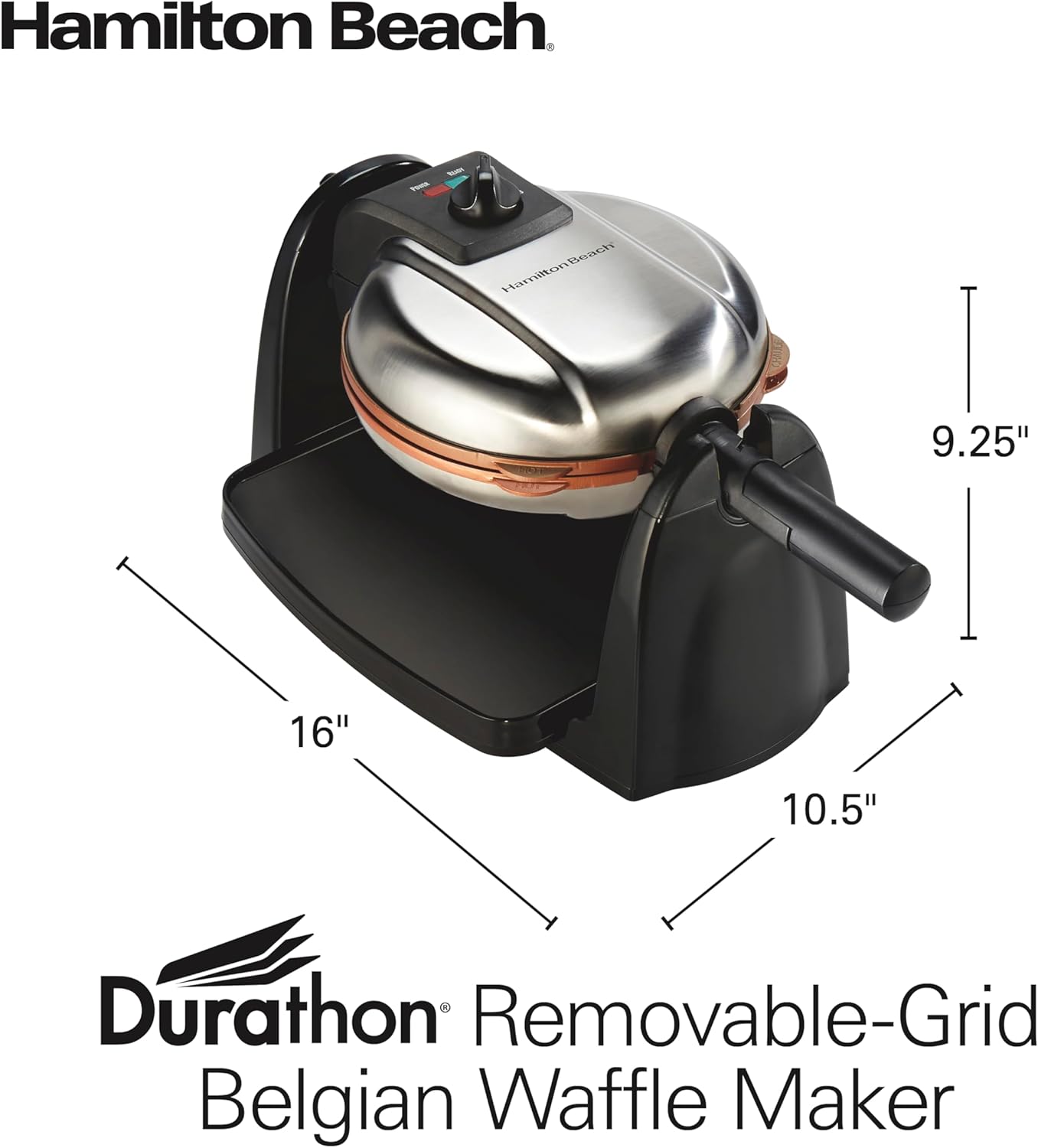 Hamilton Beach Belgian Waffle Maker with Removable PFAS-Free Durathon Nonstick Coated Plates, Easy Flip, Ceramic Grids, Black (26031)