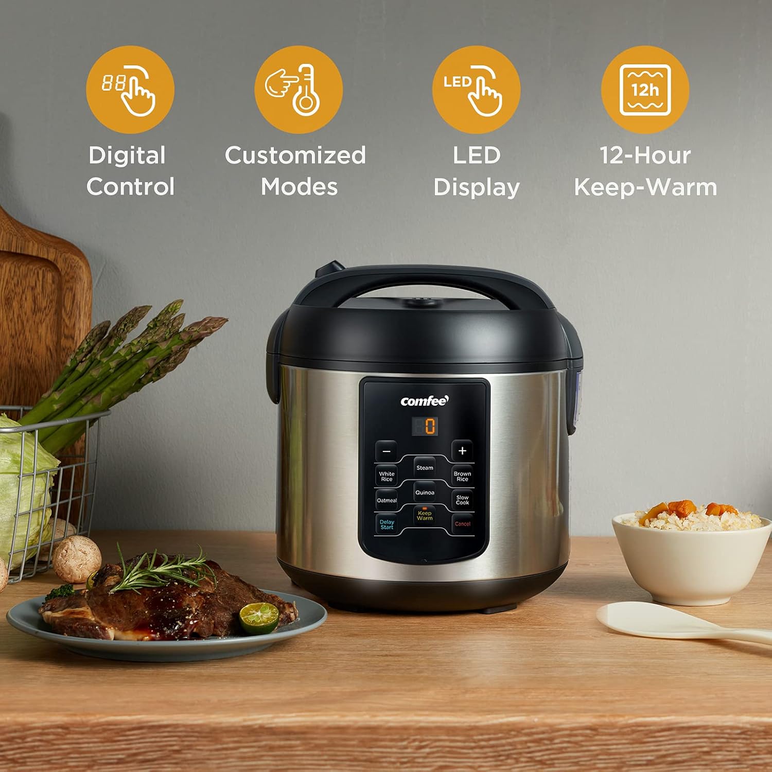 COMFEE' Compact Rice Cooker, 6-in-1 Stainless Steel Multi Cooker, Slow Cooker, Steamer, Saute, and Warmer, 2 QT, 8 Cups Cooked(4 Cups Uncooked), Brown Rice, Quinoa and Oatmeal, 6 One-Touch Programs