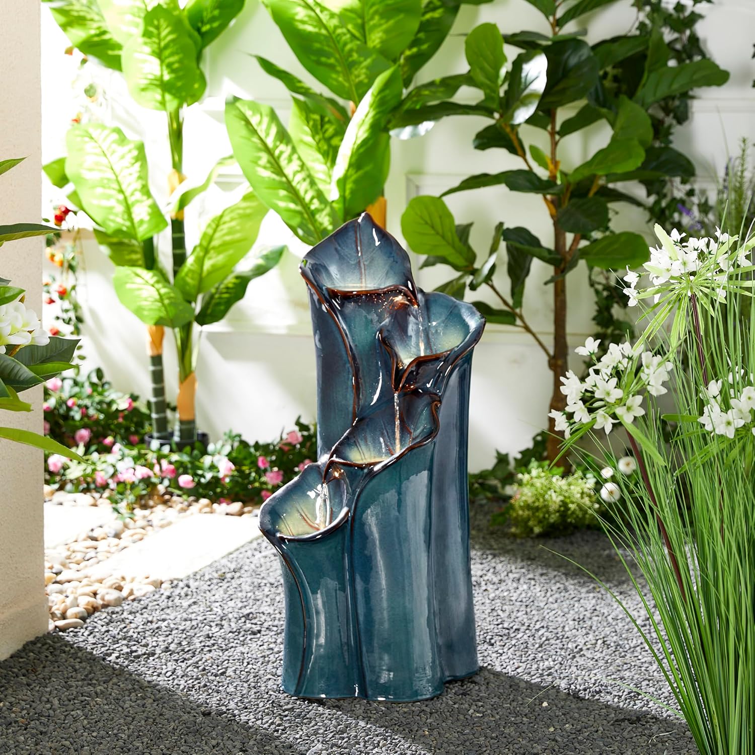 Outdoor Water Fountain with LED Lights and Pump, 4 Tier Dandelion Texture Vase Shaped Ceramic Floor Standing Fountain with Birds for Porch Deck Garden Patio Backyard, Turquoise
