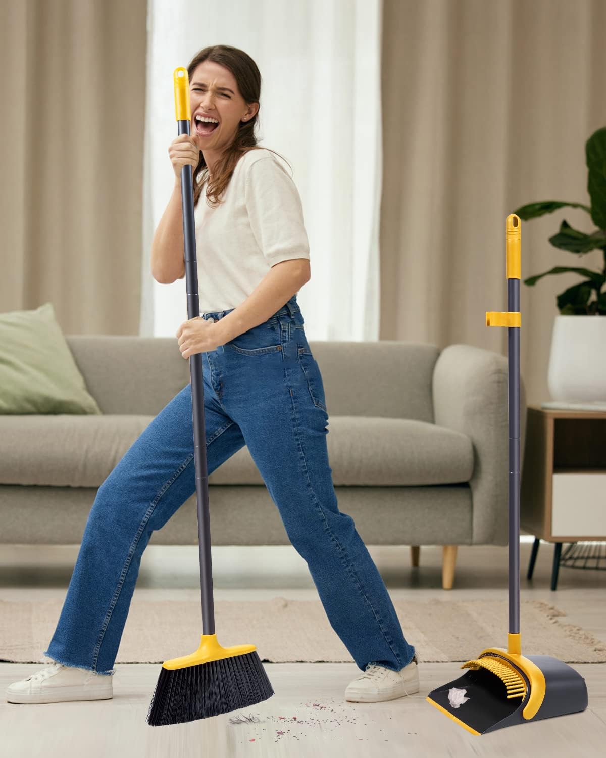 Broom and Dustpan, Broom and Dustpan Set for Home, Long Handle Broom with Dustpan, Broom and Dustpan Combo for Office Home Kitchen Lobby Floor Use Dustpan and Broom Set