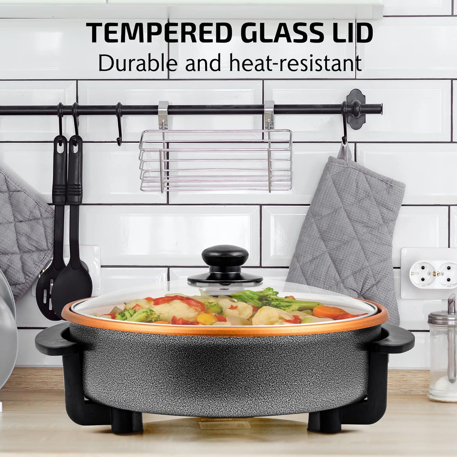 OVENTE 12 Inch Electric Skillet and Frying Pan with Nonstick Coating, 1400W Power, Adjustable Temperature Control, Tempered Glass Lid with Vent and Cool Touch Handles, Black SK11112B