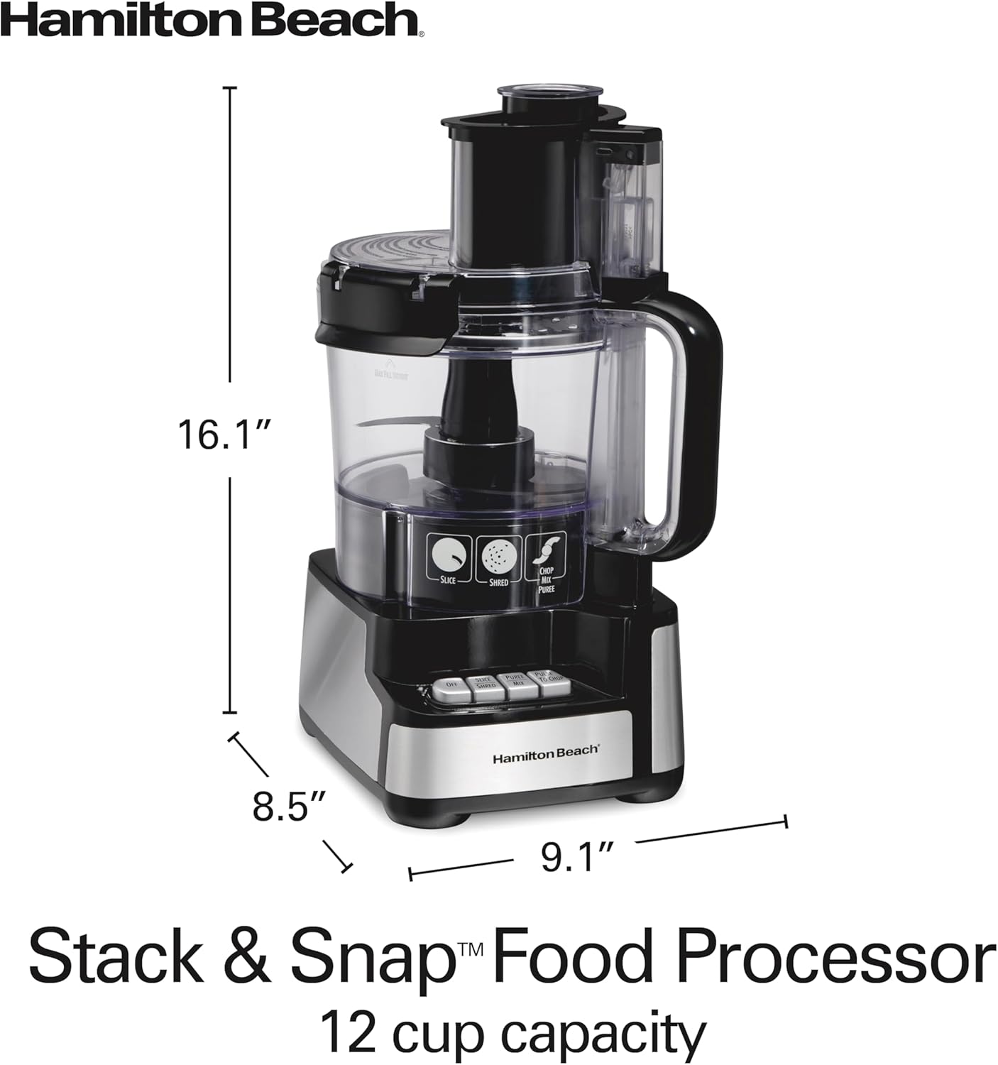 Hamilton Beach Stack & Snap Food Processor and Vegetable Chopper, BPA Free, Stainless Steel Blades, 12 Cup Bowl, 2-Speed 450 Watt Motor, Black (70725A)