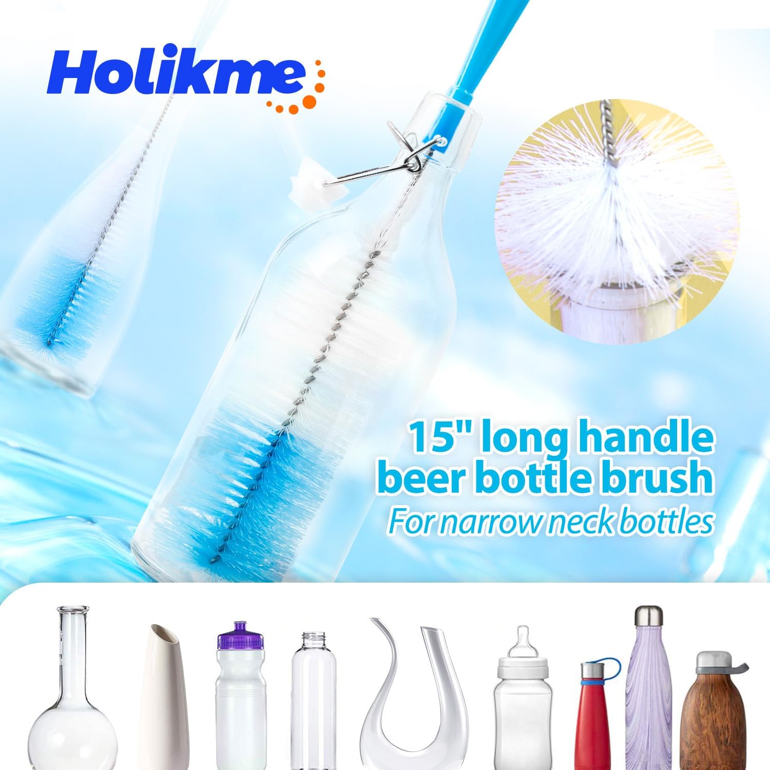 Holikme 8 Pack Bottle Brush Cleaning Set, Long Handle Bottle Cleaner for Washing Narrow Neck Beer Bottles Wine Decanter Narrow Cup Pipes Sinks Cup Cover, White