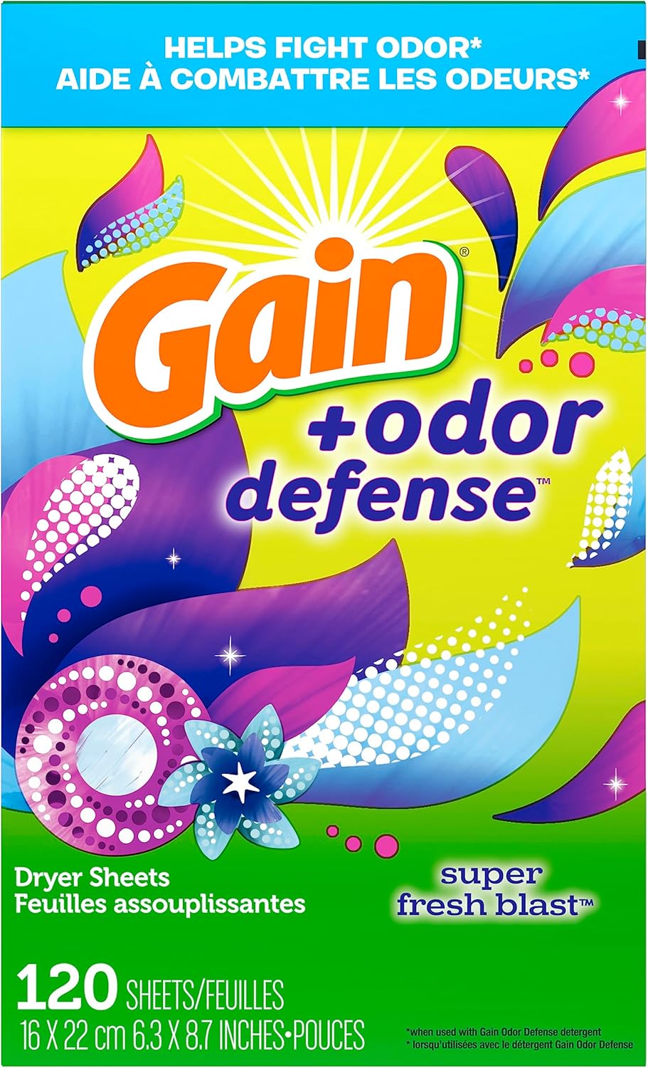 Gain + Odor Defense Dryer Sheets, Super Fresh Blast Scent Fabric Softener Sheets, 240 ct