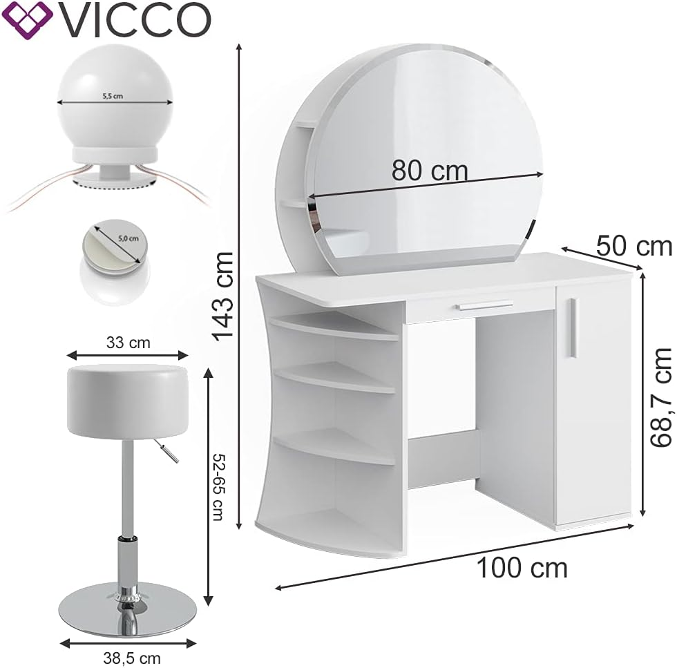 Vicco Almina Dressing Table 100 cm White with LED Lighting and Stool