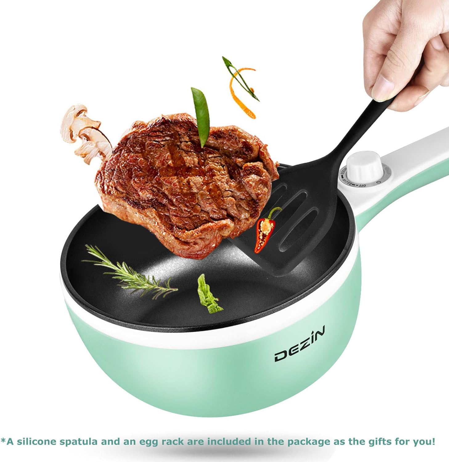 Dezin Hot Pot Electric Upgraded, Non-Stick Sauté Pan, Rapid Noodles Electric Pot, 1.5L Mini Portable Hot Pot for Steak, Egg, Fried Rice, Ramen, Oatmeal, Soup with Power Adjustment(Egg Rack Included)