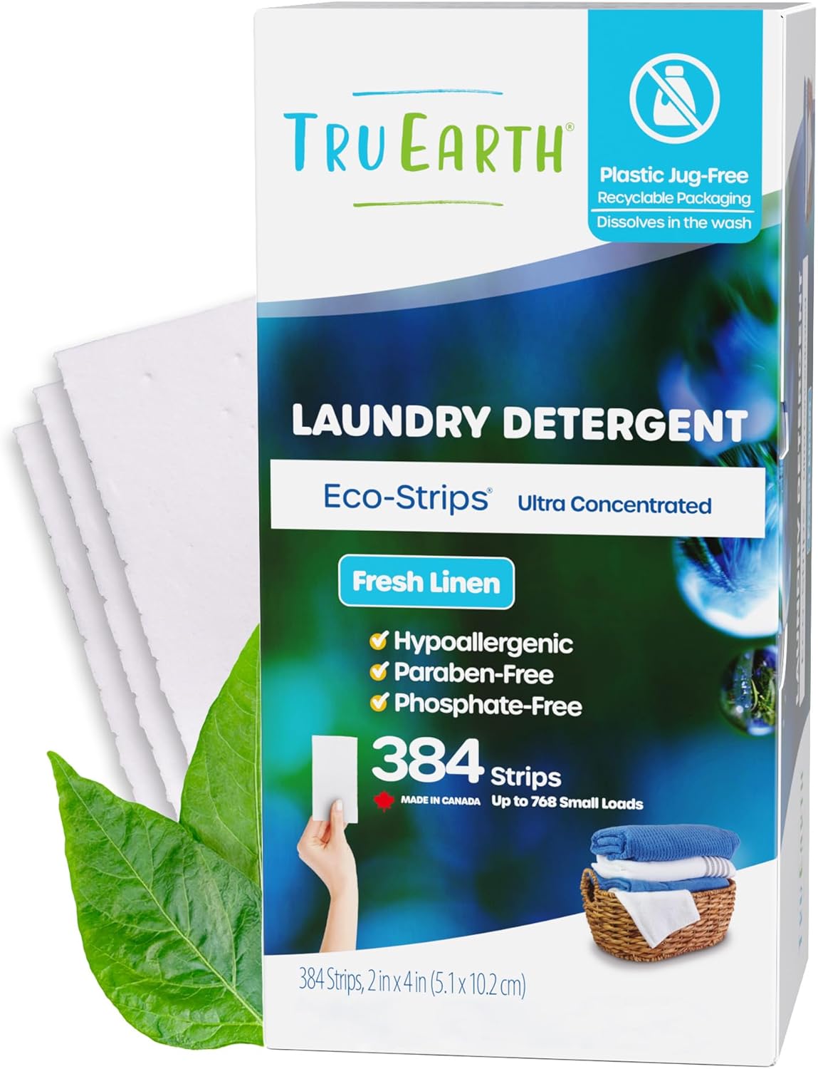 Tru Earth Compact Dry Laundry Detergent Sheets - Up to 64 Loads (32 Sheets) - Paraben-Free - Original Eco-Strip Liquidless Laundry Detergent, Travel Laundry Sheets - Fresh Linen