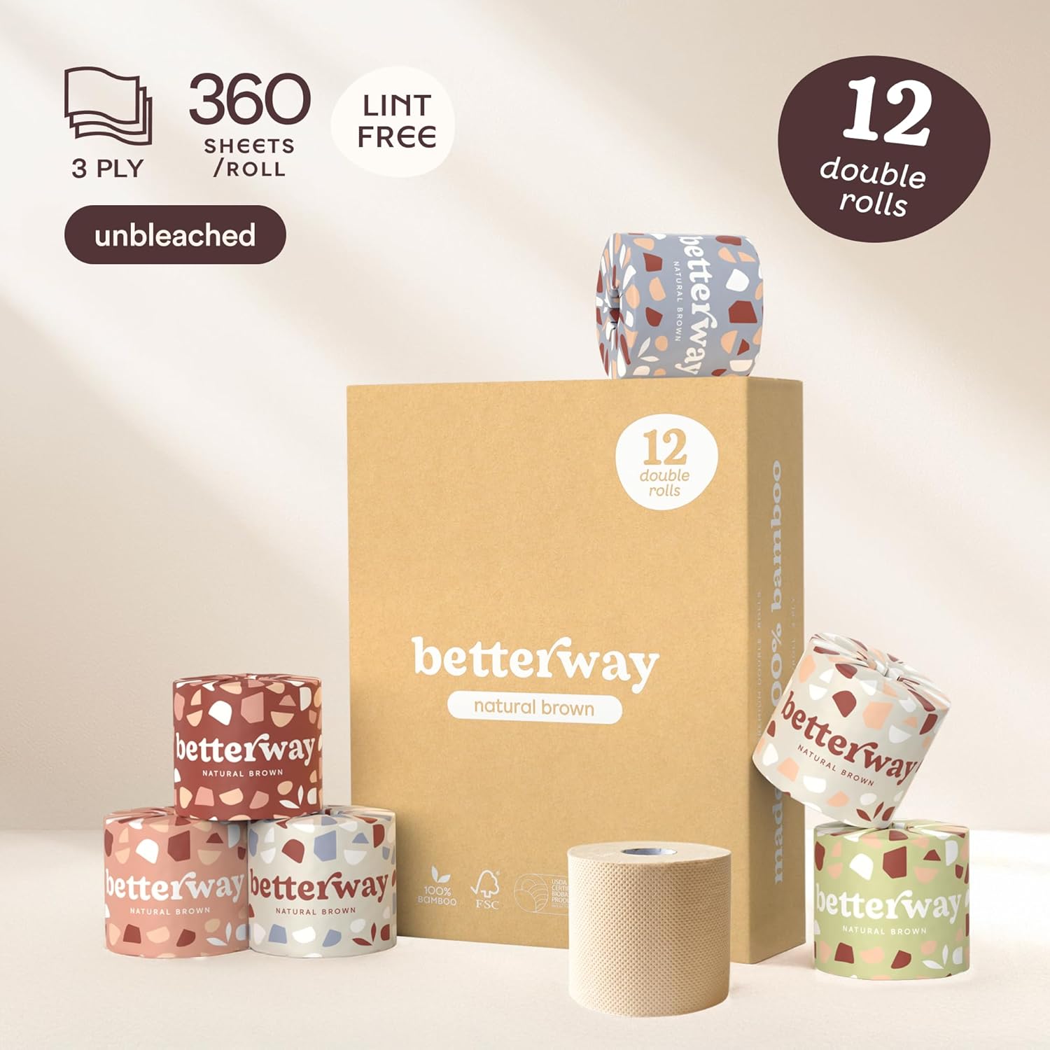 Betterway Bamboo Toilet Paper 3 Ply - Sustainable Toilet Tissue - 12 Double Rolls & 360 Sheets Per Roll - Septic Safe - Organic, Plastic Free - FSC Certified