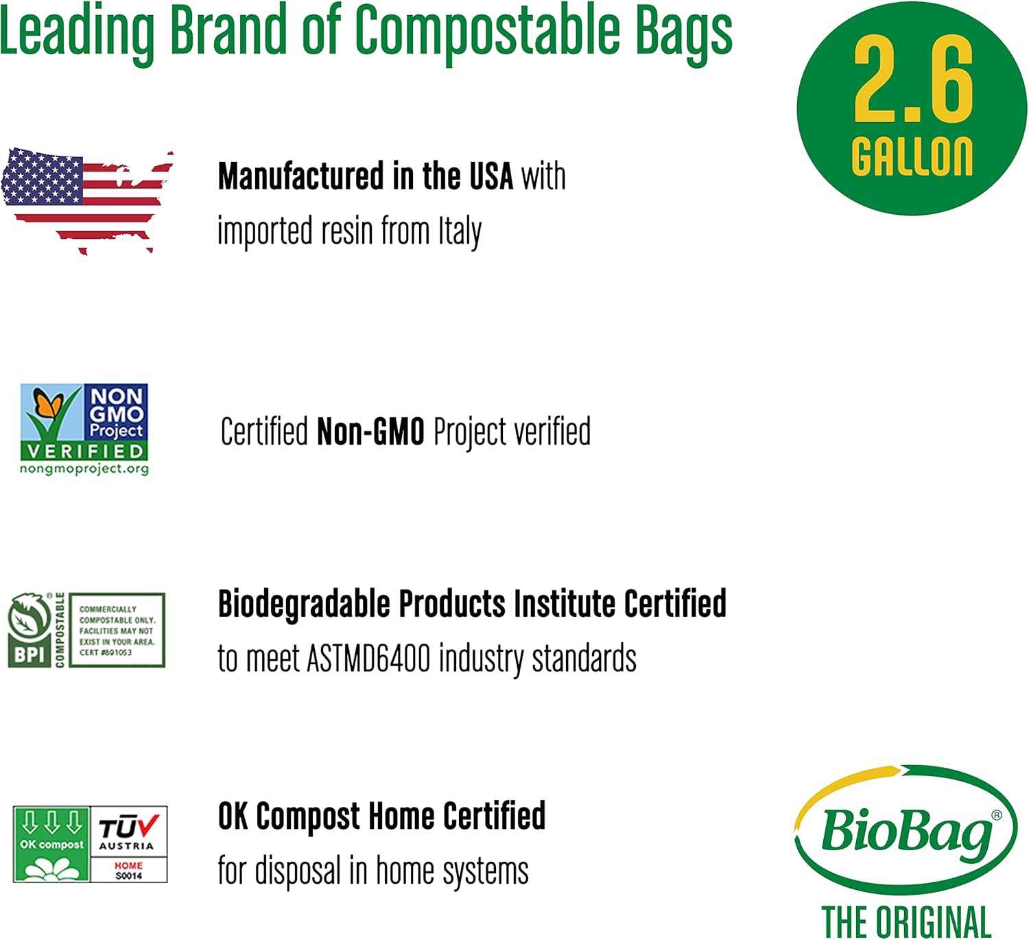 BioBag (USA), The Original Compostable Bag, 2.6 Gallon, 100 Total Count, 100% Certified Compostable Kitchen Food Scrap Bags, Kitchen Compost Bin Compatible