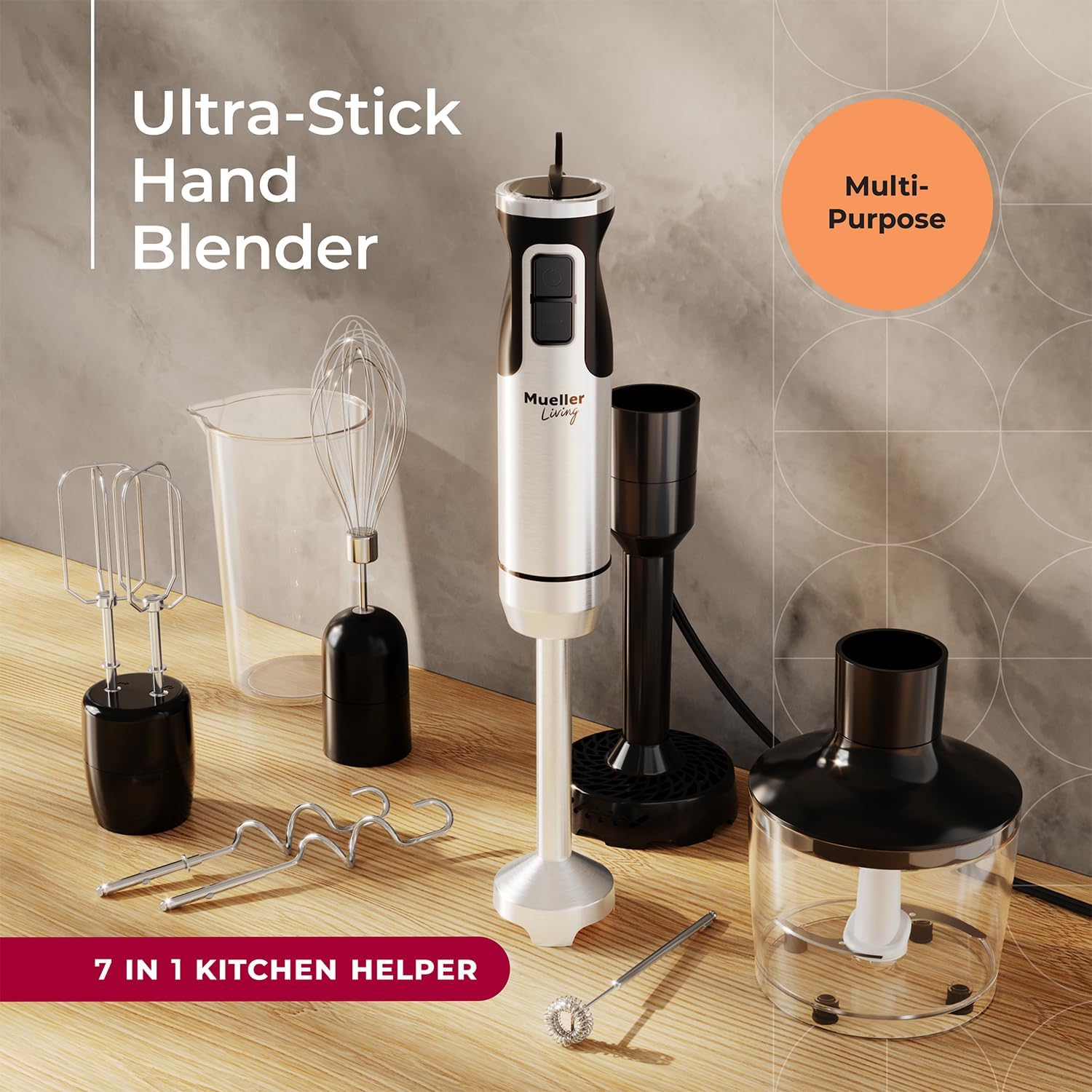 Mueller Immersion Blender Handheld - 8 Speed Stainless Steel Electric Hand Blender, 3 in 1 Emulsion Blender Handheld with Turbo Mode, Stick Blender Emulsifier for Kitchen for Soup, Smoothie, Puree