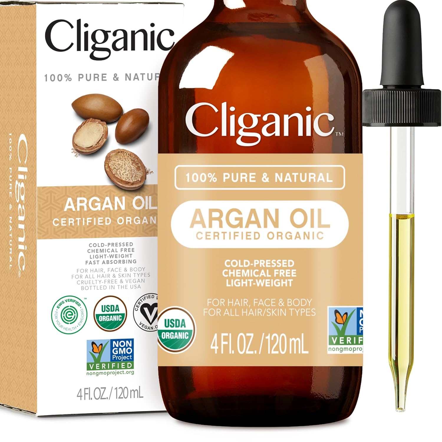 Cliganic Organic Argan Oil, 100% Pure - for Hair, Face & Skin | Cold Pressed Carrier Oil
