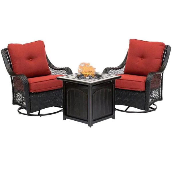 3-Piece Steel Patio Fire pit Conversation Set with Sahara Sand Cushions and 26 in. Square Fire pit Side Table