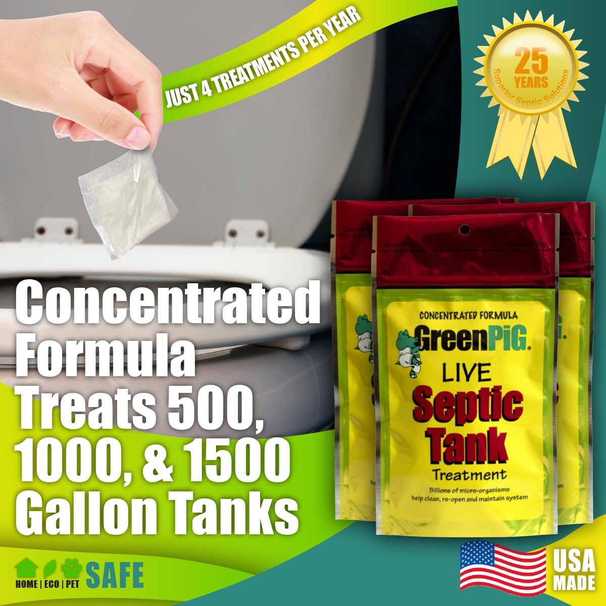 Green Pig 52 Live Septic Tank Treatment Ultimate Solution in Preventing Expensive Backups, Clogs, or Drain Field Failures with 4-Easy Drop-in and Flush, 1-Year Supply- 4 Packets, 4 Count